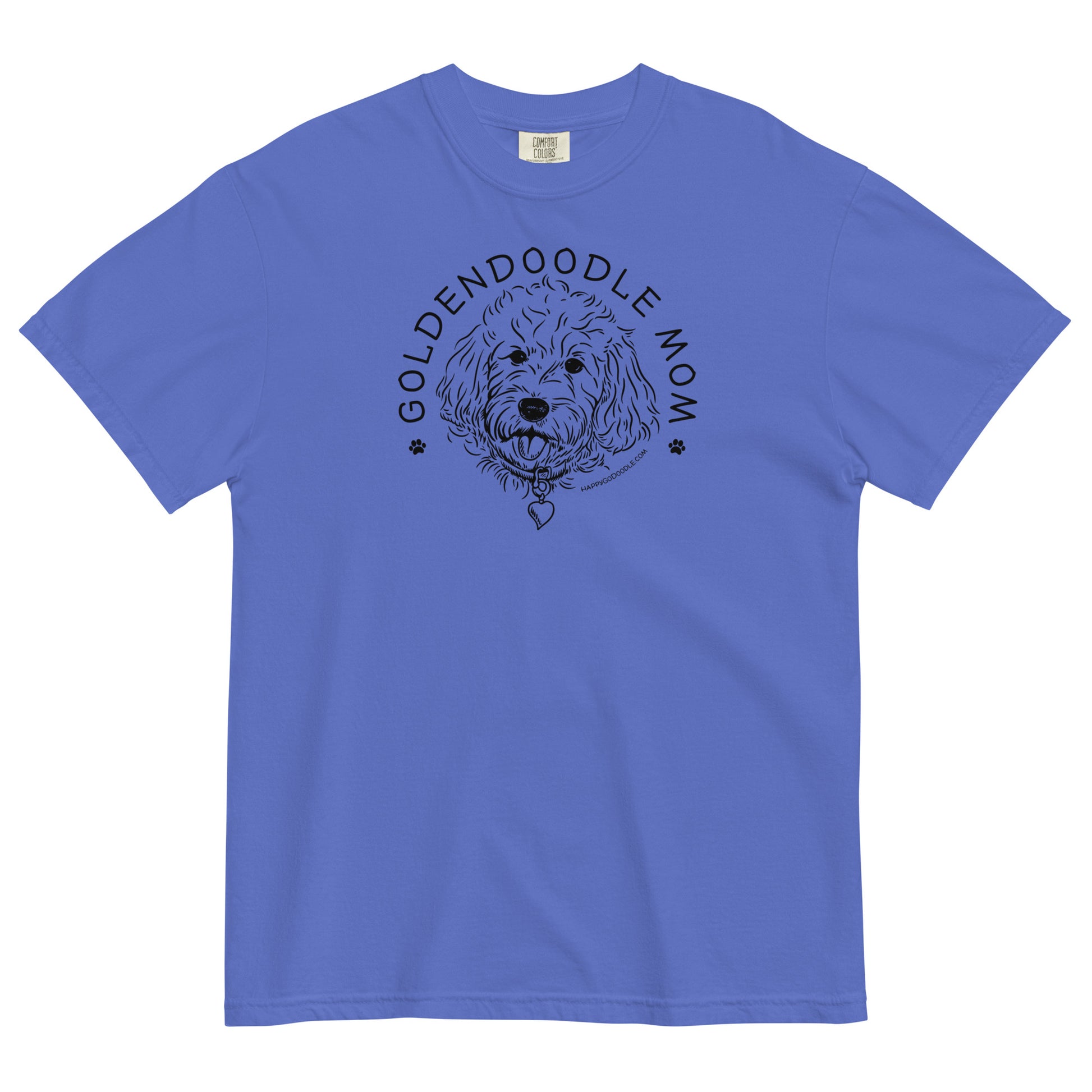 Goldendoodle Mom comfort colors t-shirt with Goldendoodle face and words "Goldendoodle Mom" in flo blue color