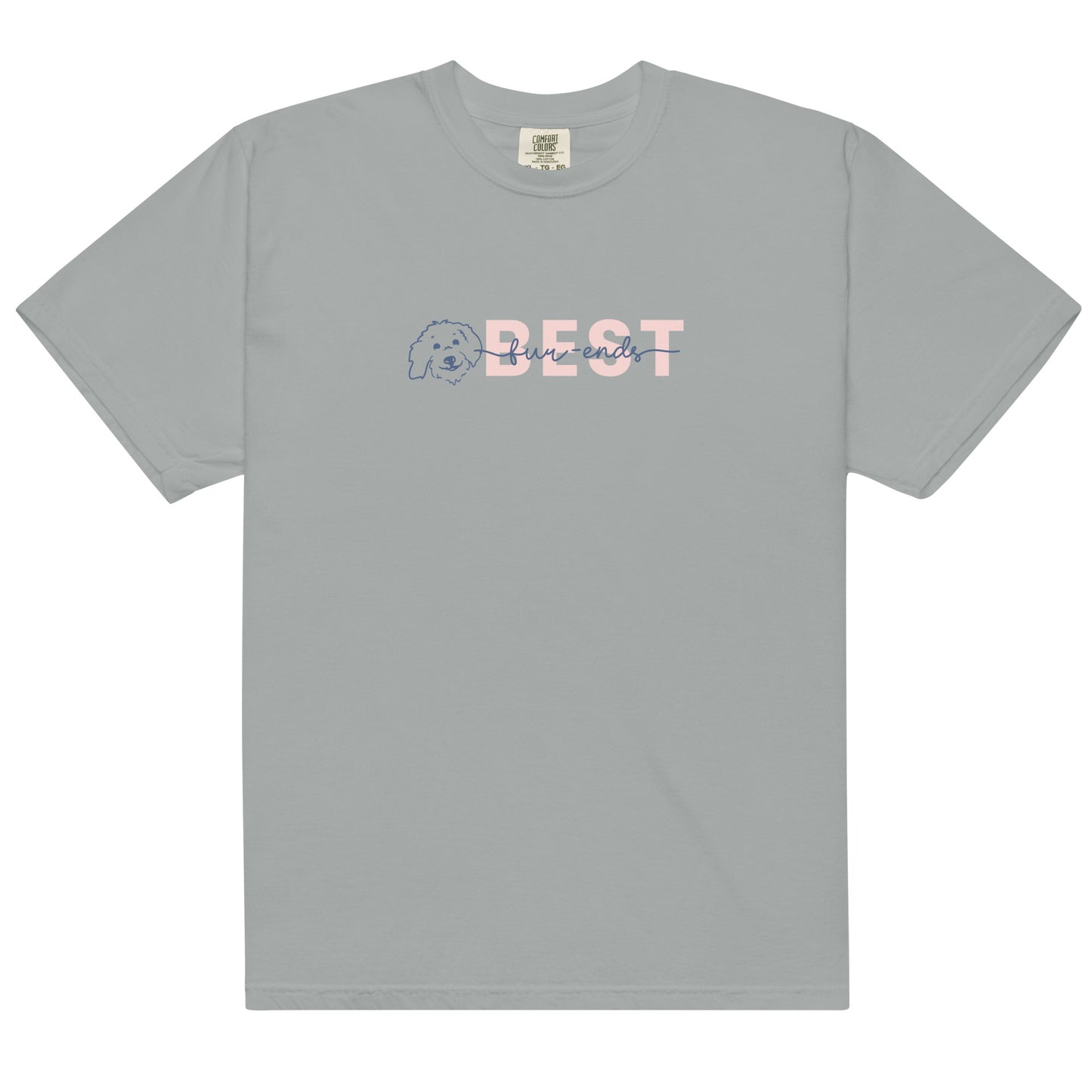 Goldendoodle t-shirt comfort colors with Goldendoodle face and words "Best fur-Ends" in granite color