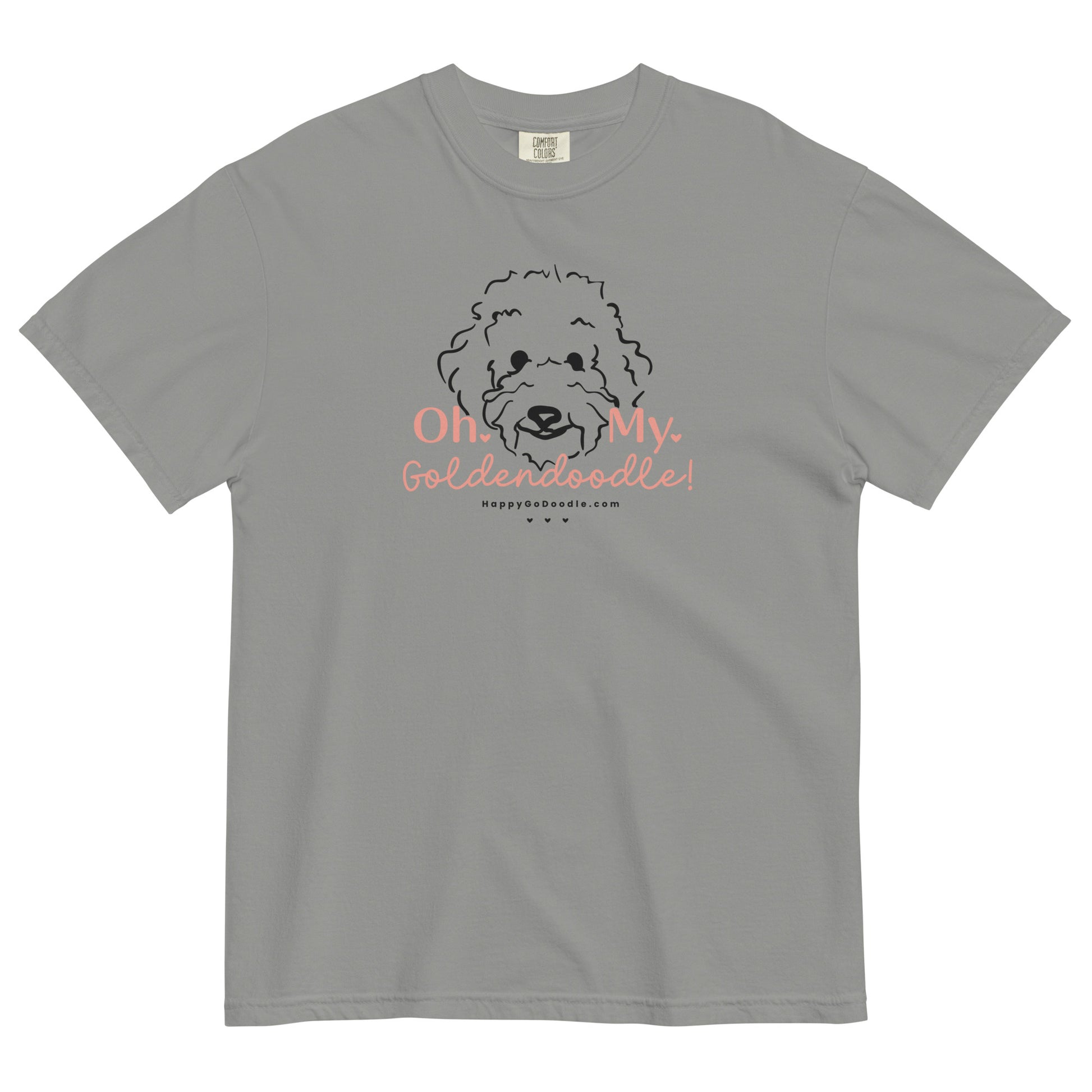 Goldendoodle comfort colors t-shirt with Goldendoodle dog face and words "Oh My Goldendoodle" in gray color
