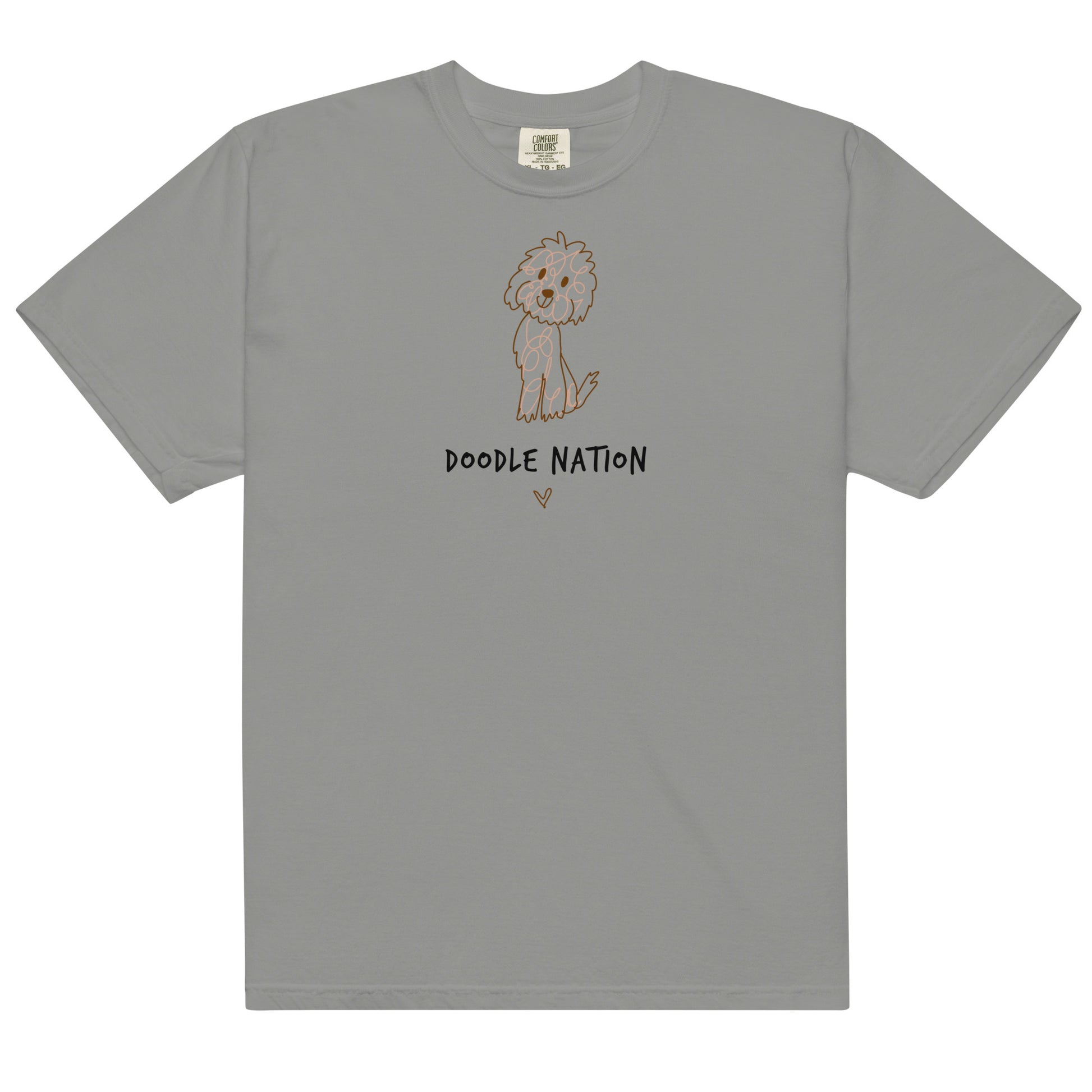 Grey comfort color t-shirt with hand drawn dog design and saying Doodle Nation
