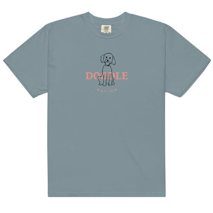 Goldendoodle comfort colors t-shirt with Goldendoodle and words "Doodle Nation" in ice blue  color