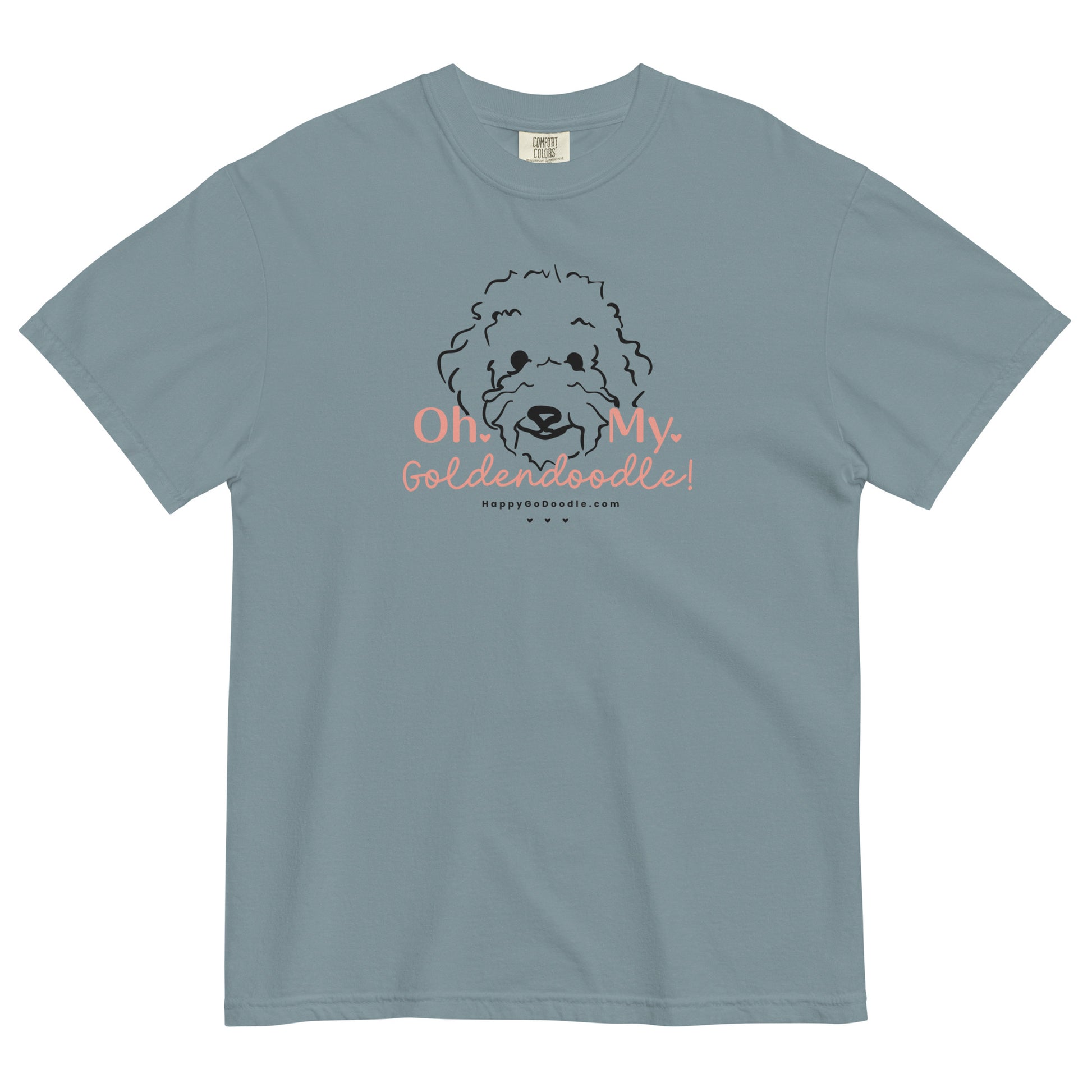 Goldendoodle comfort colors t-shirt with Goldendoodle dog face and words "Oh My Goldendoodle" in ice blue color