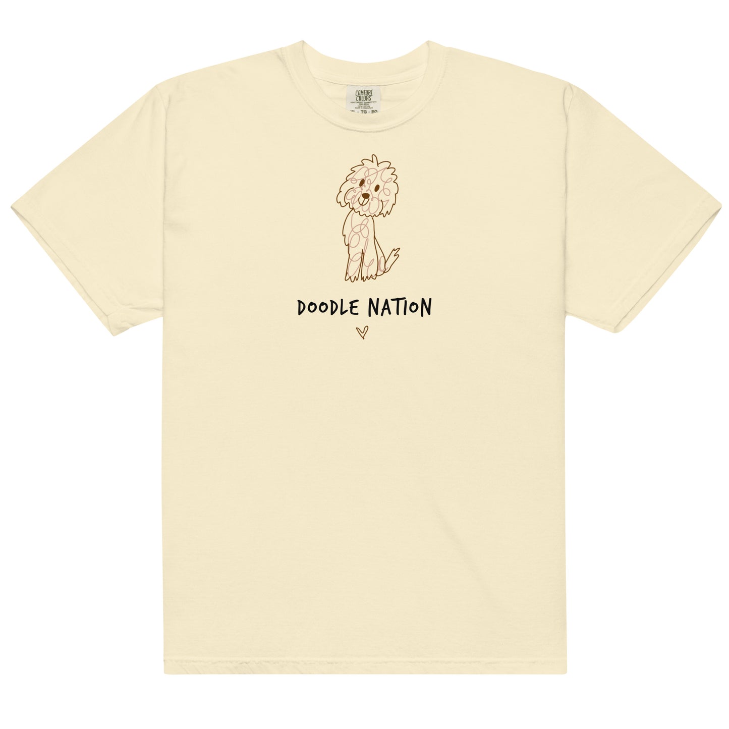 Ivory comfort color t-shirt with hand drawn dog design and saying Doodle Nation
