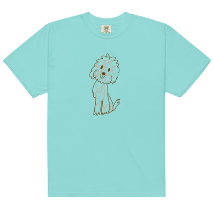 Comfort colors t-shirt with doodle dog drawn with fine lines lagoon blue color