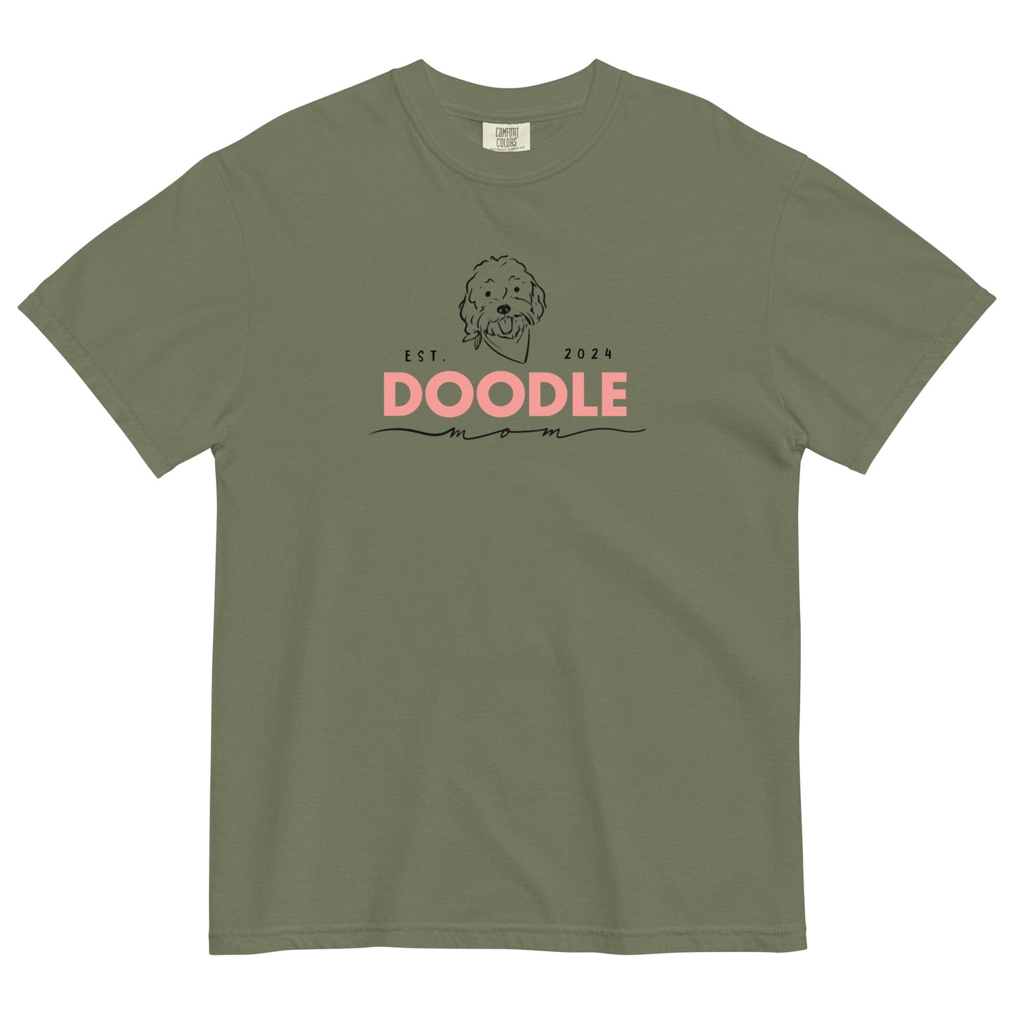 This Goldendoodle shirt features the message, "Doodle Mom Est. 2024" with a cute Doodle dog's face printed on the front. The tag inside the shirt says Comfort Colors