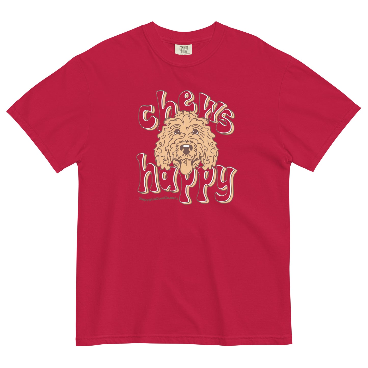 Goldendoodle comfort colors t-shirt with Goldendoodle face and words "Chews Happy" in red color