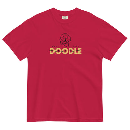 Goldendoodle Mom comfort colors t-shirt with Goldendoodle face and words "Doodle Mom Est 2023" in red color