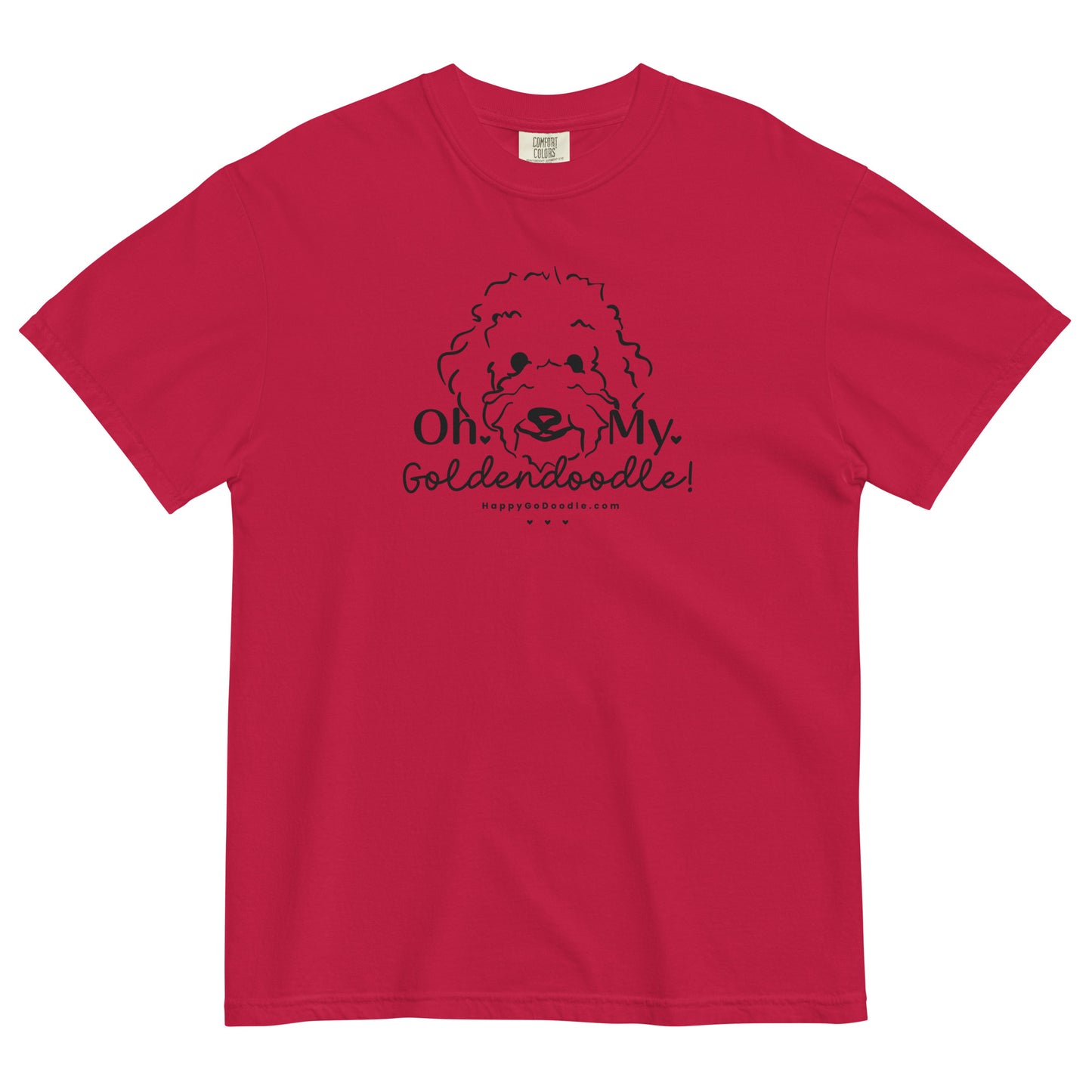 Goldendoodle comfort colors t-shirt with Goldendoodle face and words "Oh My Goldendoodle" in red color