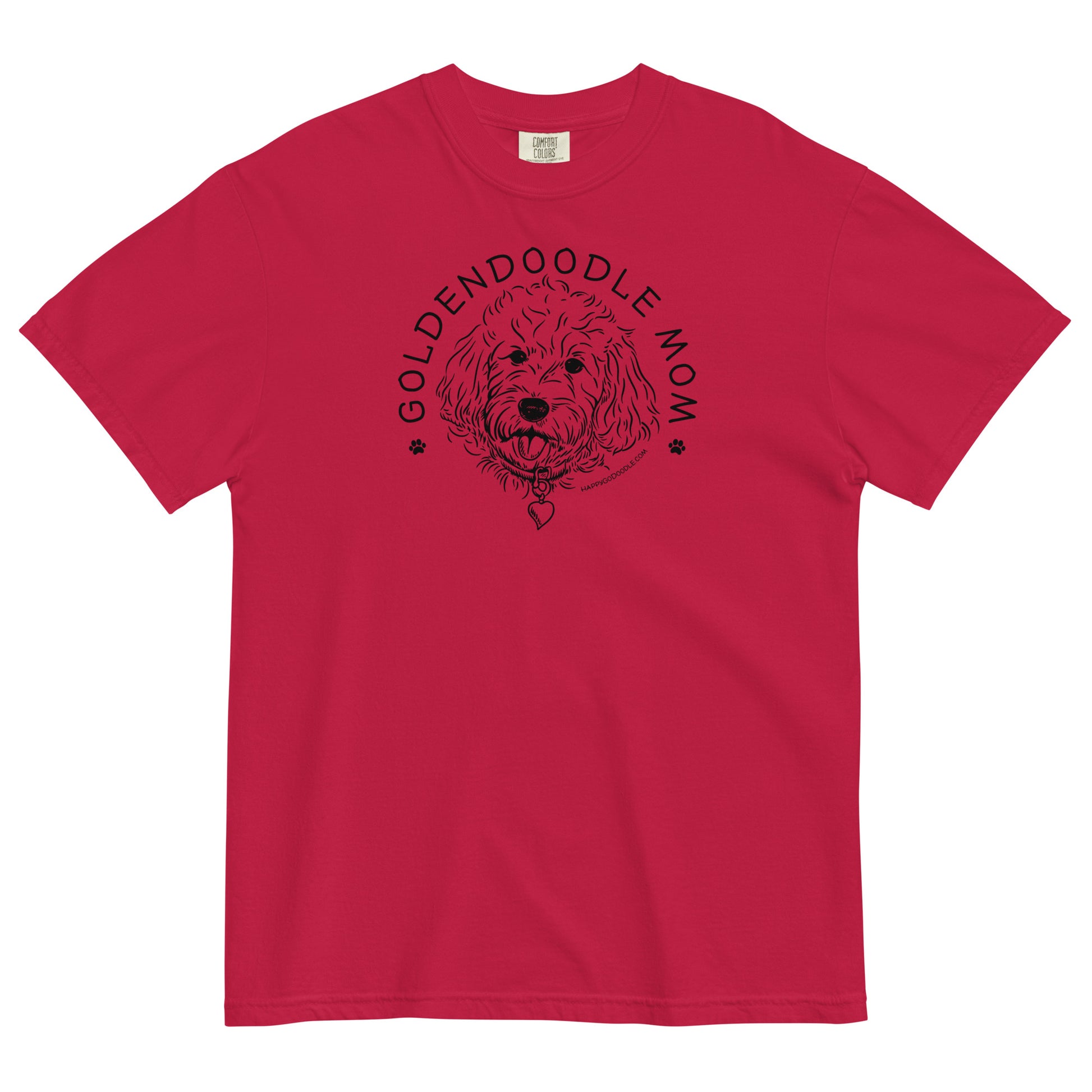 Goldendoodle Mom comfort colors t-shirt with Goldendoodle face and words "Goldendoodle Mom" in red color