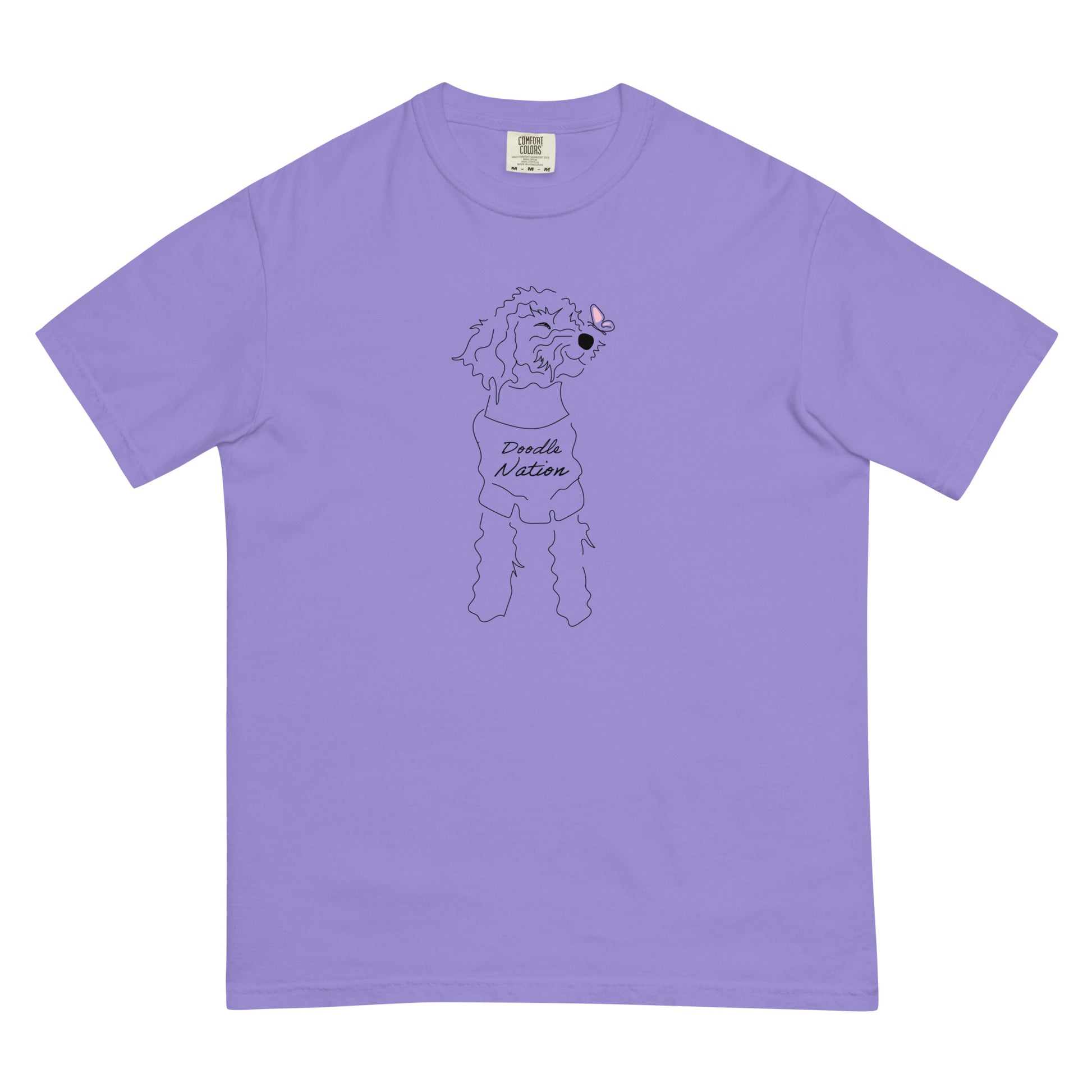 Goldendoodle comfort colors t-shirt with Goldendoodle dog and words "Doodle Nation" in violet color