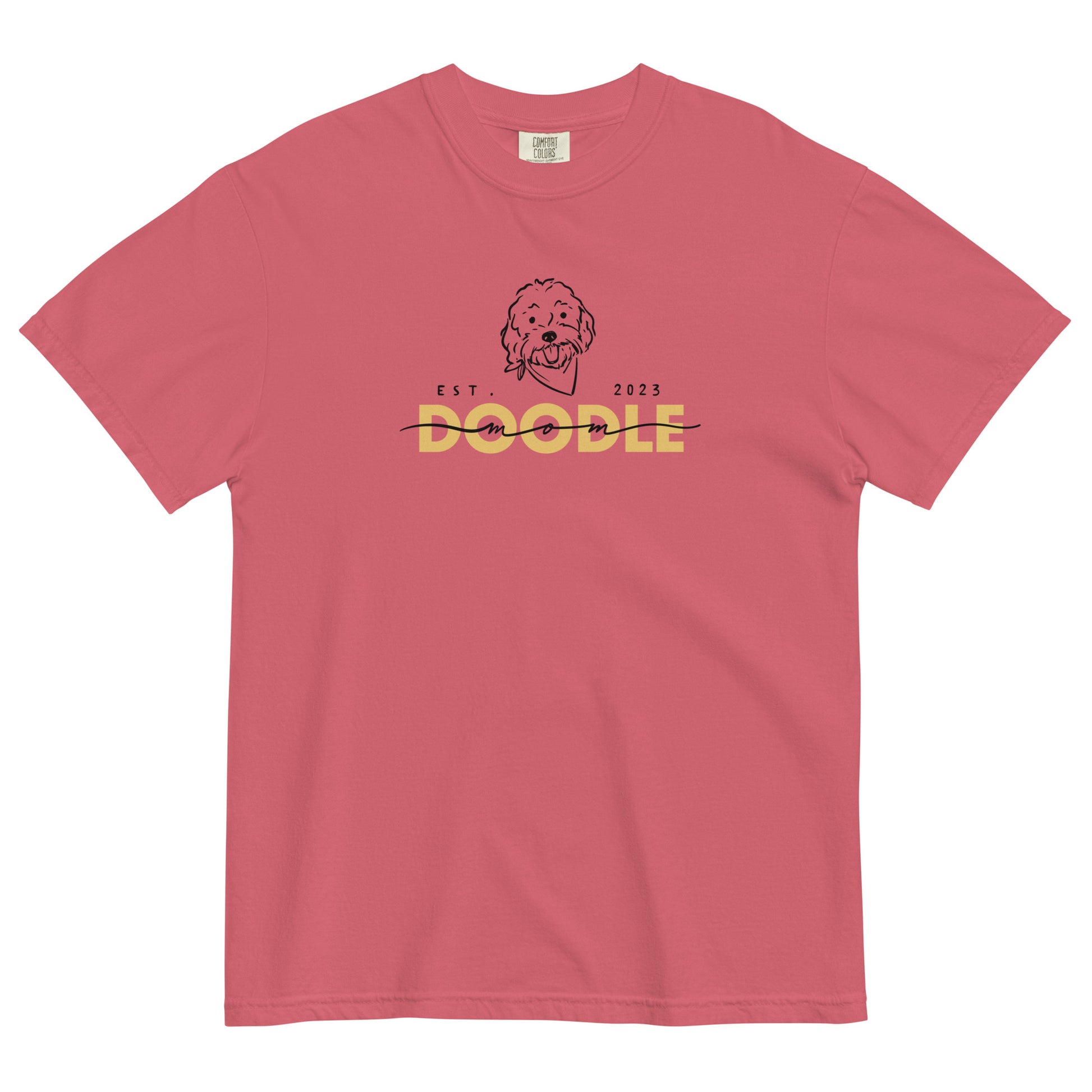 Goldendoodle Mom comfort colors t-shirt with Goldendoodle face and words "Doodle Mom Est 2023" in watermelon color