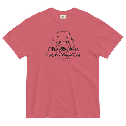 Goldendoodle comfort colors t-shirt with Goldendoodle face and words "Oh My Goldendoodle" in watermelon color