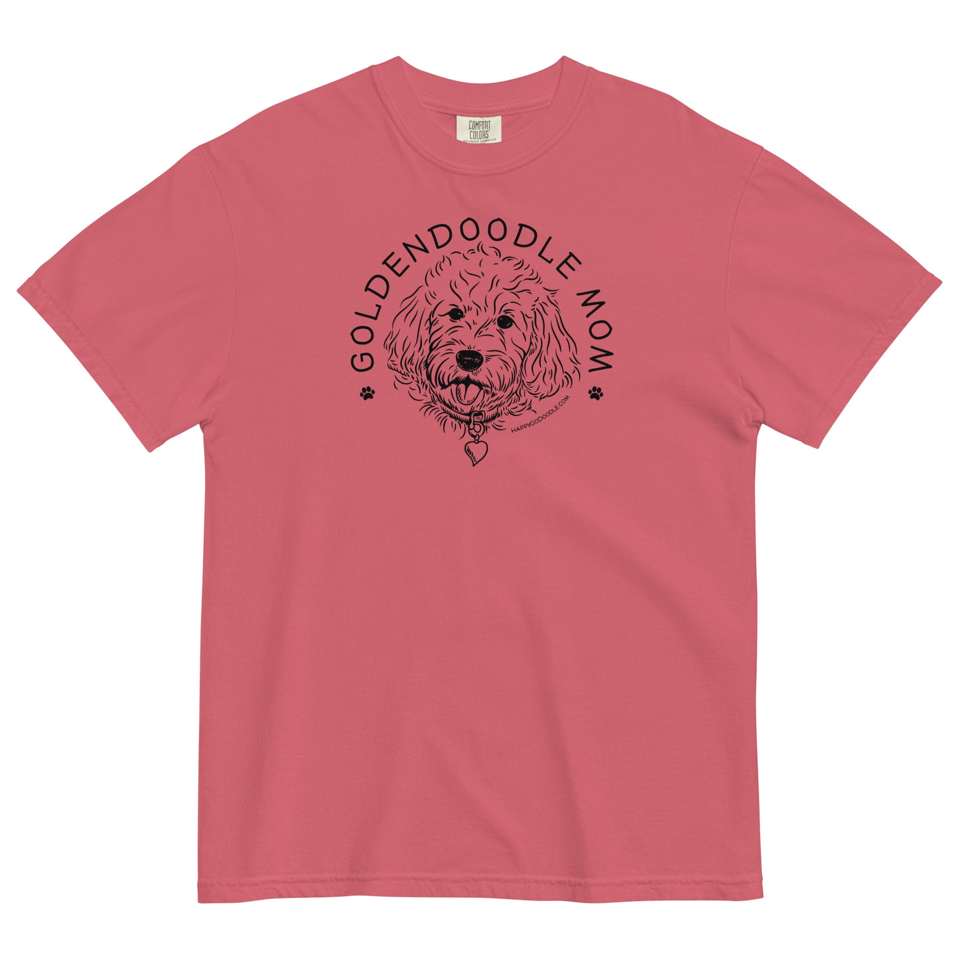 Goldendoodle Mom comfort colors t-shirt with Goldendoodle face and words "Goldendoodle Mom" in watermelon color