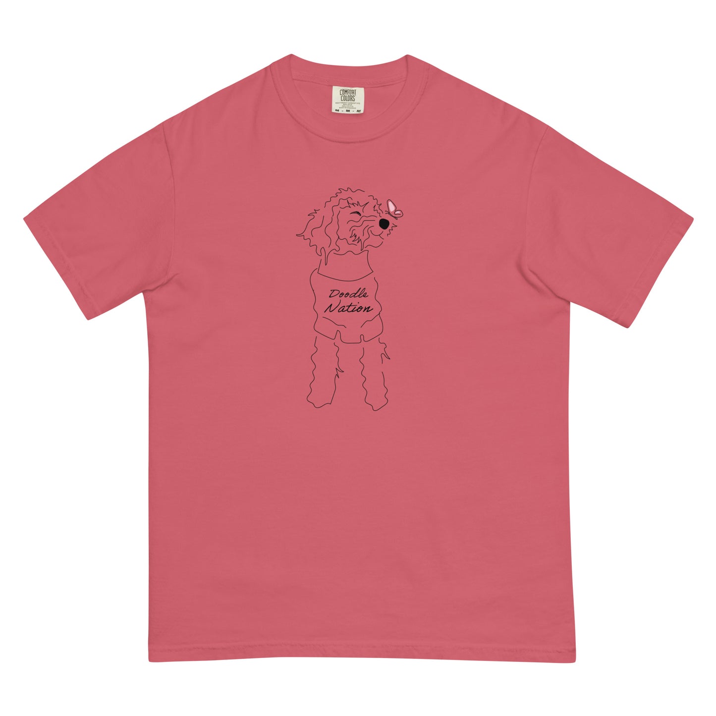 Goldendoodle comfort colors t-shirt with Goldendoodle dog and words "Doodle Nation" in crimson  color