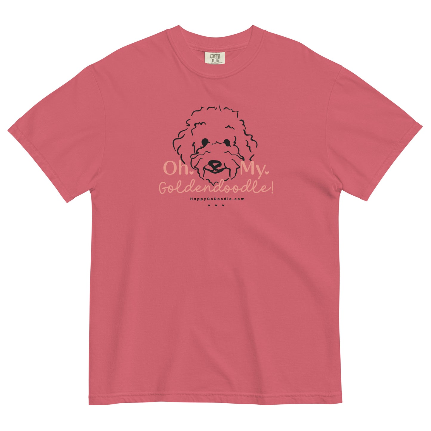 Goldendoodle comfort colors t-shirt with Goldendoodle dog face and words "Oh My Goldendoodle" in watermelon color