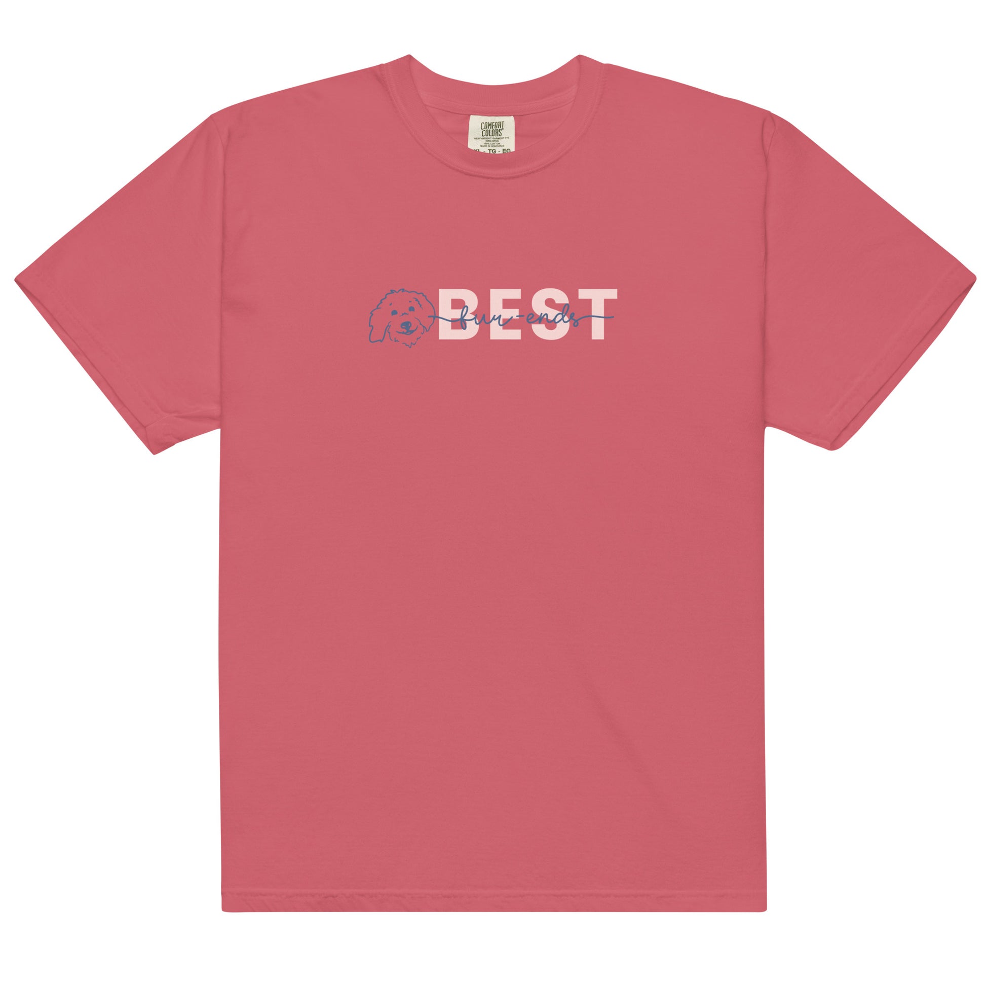 Goldendoodle t-shirt comfort colors with Goldendoodle face and words "Best fur-Ends" in watermelon color