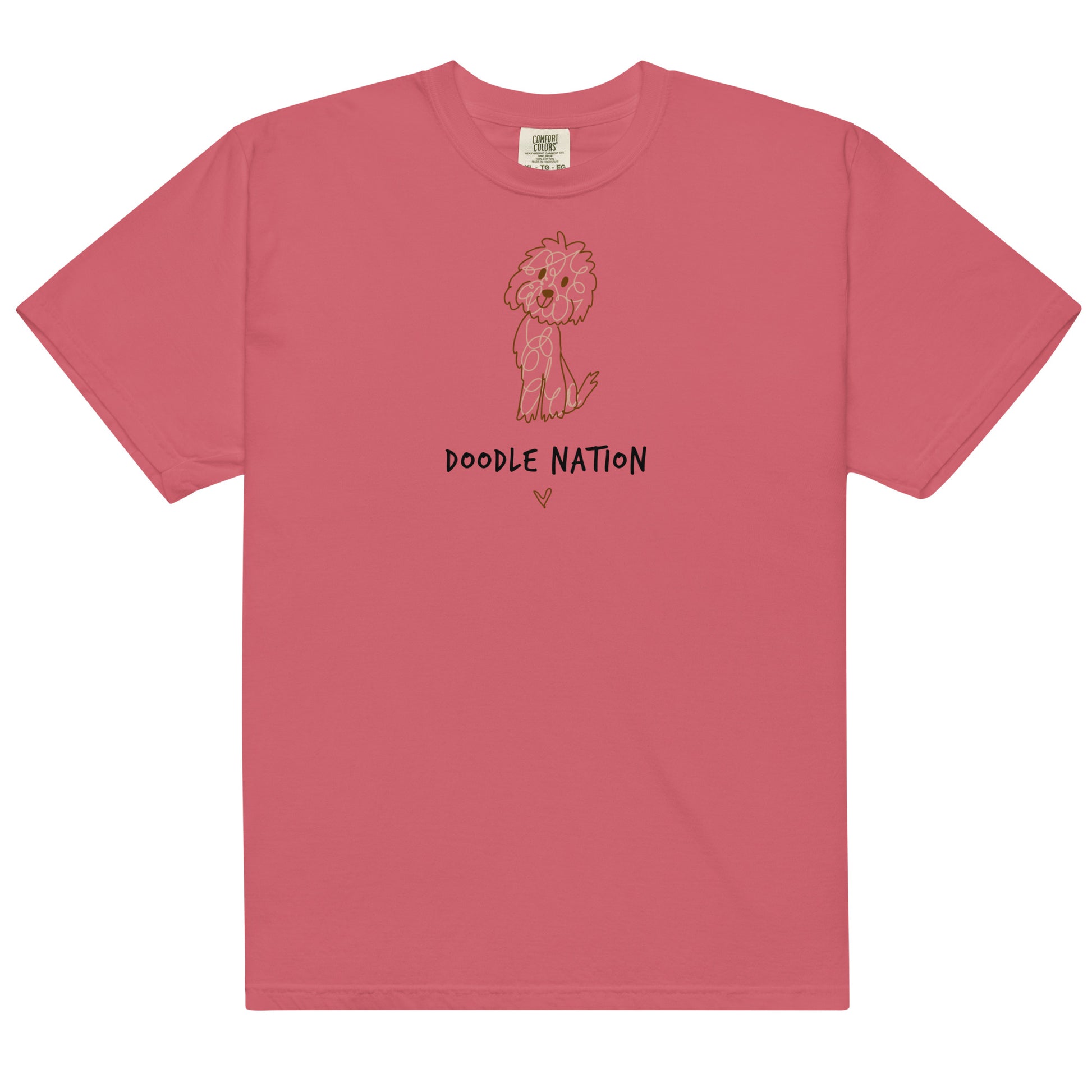 Watermelon comfort color t-shirt with hand drawn dog design and saying Doodle Nation