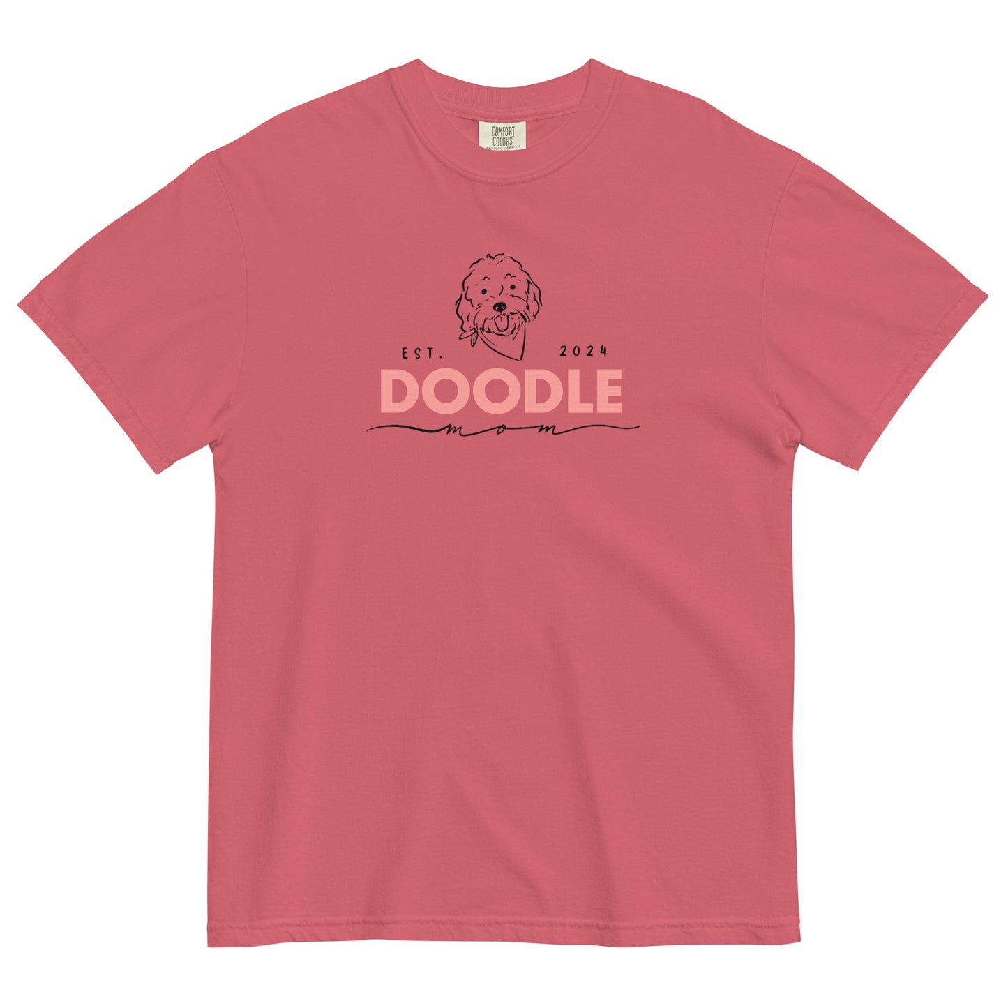 This Doodle T-shirt features the message, "Doodle Mom Est. 2024" with a cute Doodle dog's face printed on the front of a cozy T-Shirt. The tag inside the shirt says Comfort Colors