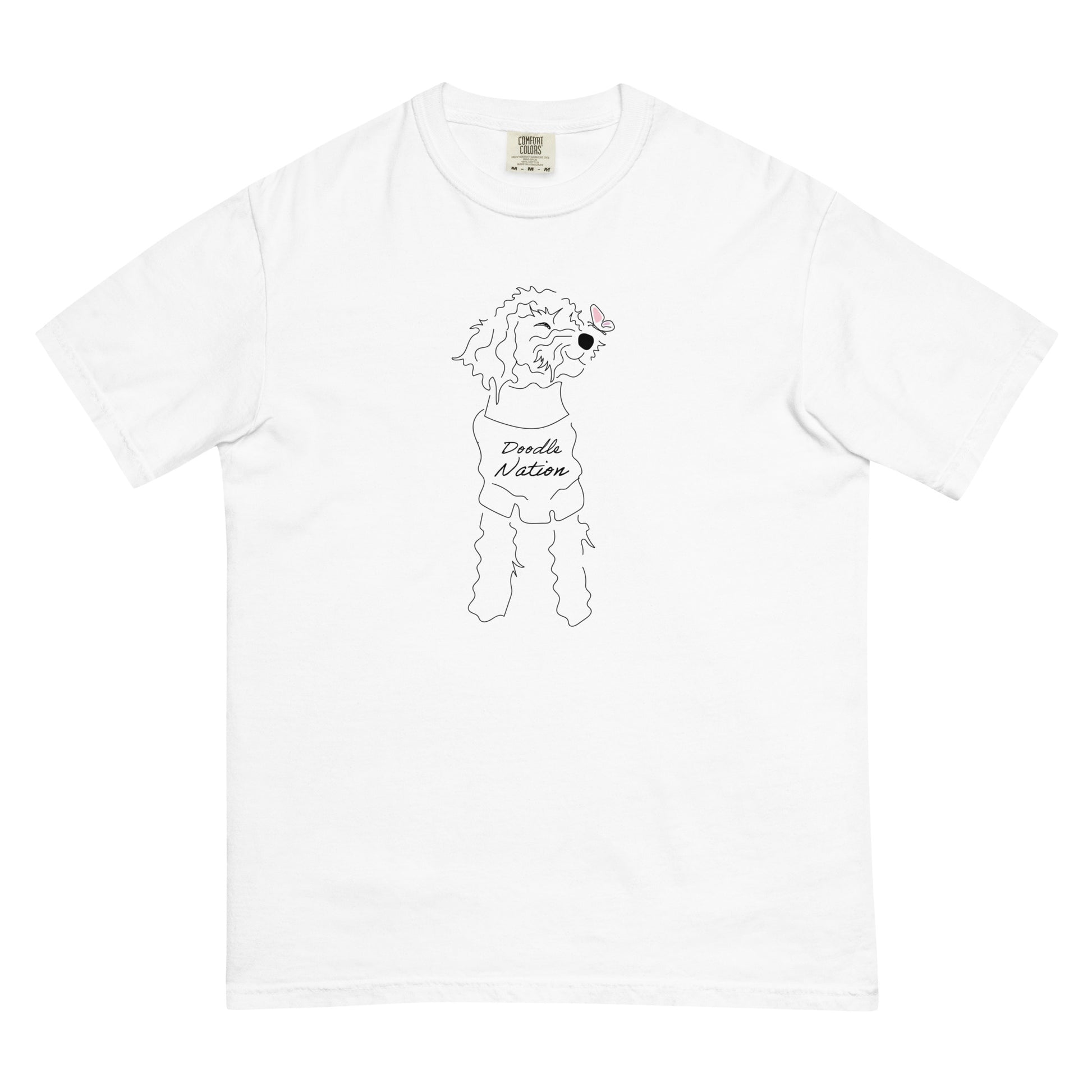 Goldendoodle comfort colors t-shirt with Goldendoodle dog and words "Doodle Nation" in white color