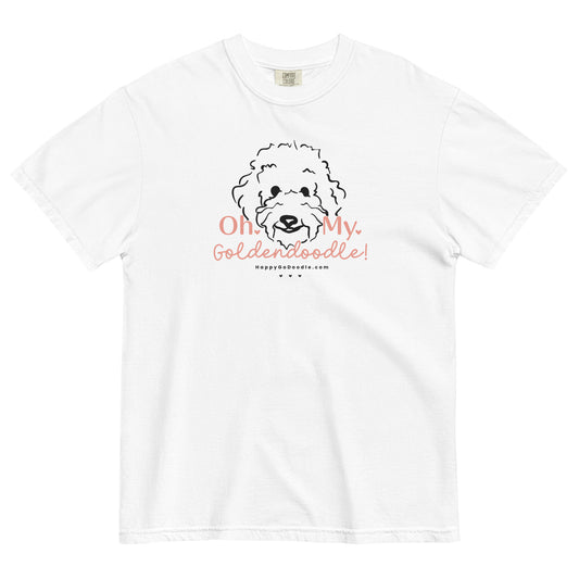 Goldendoodle comfort colors t-shirt with Goldendoodle dog face and words "Oh My Goldendoodle" in white color