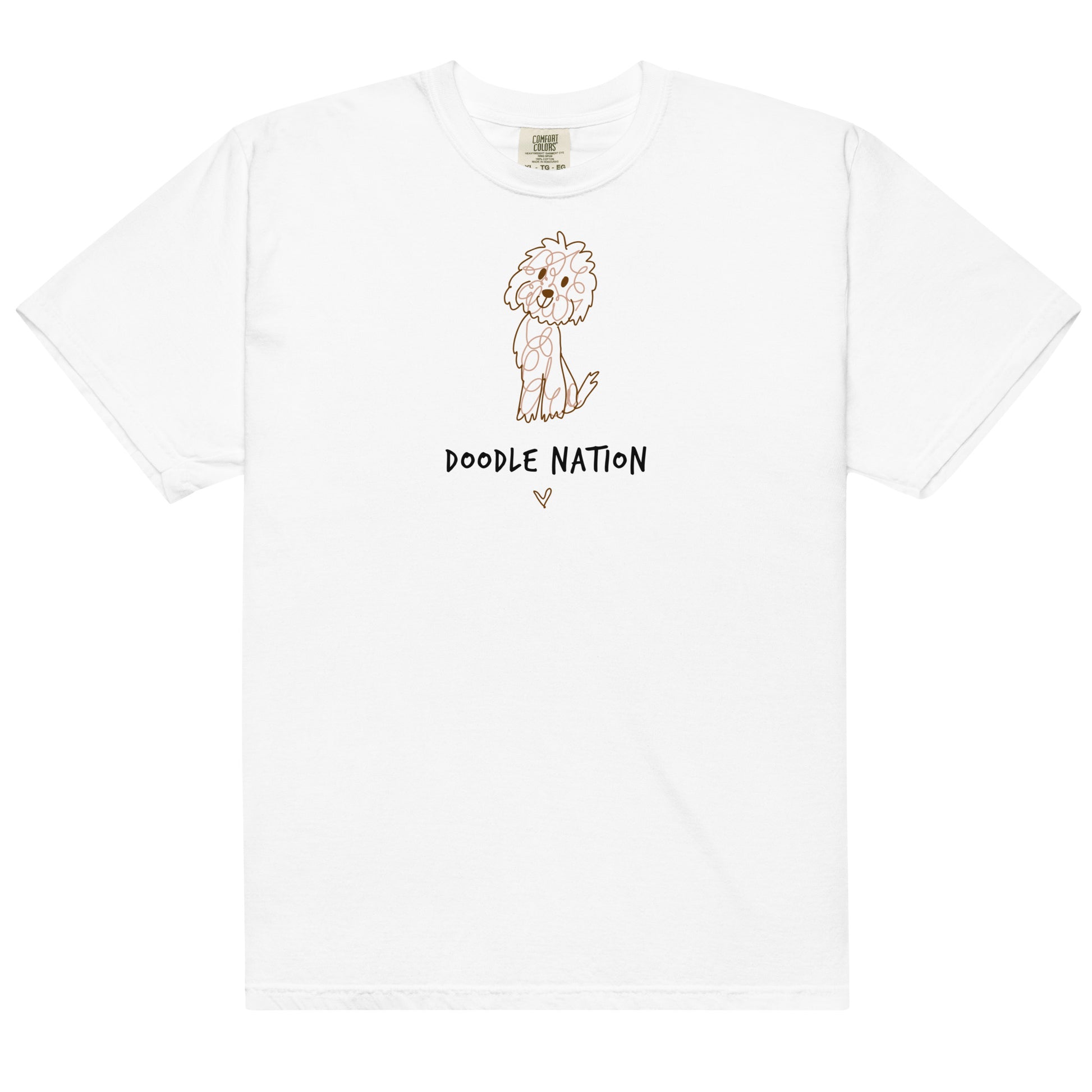 White comfort color t-shirt with hand drawn dog design and saying Doodle Nation