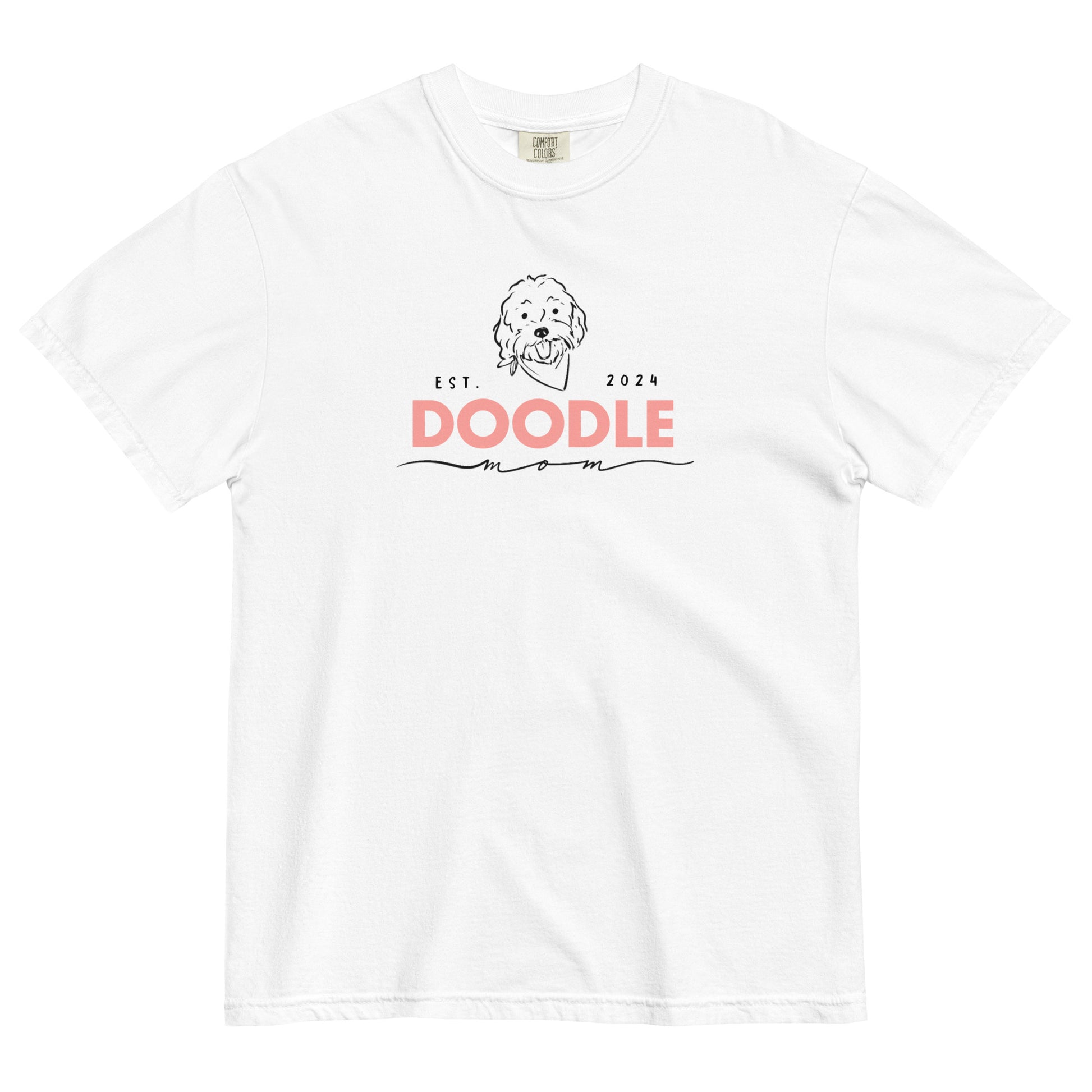 This white Doodle Mom T-shirt displays the message, "Doodle Mom Est. 2024" and a cute Goldendoodle dog's face printed on the front of a cozy T-Shirt. The tag inside the Doodle Mom shirt says Comfort Colors