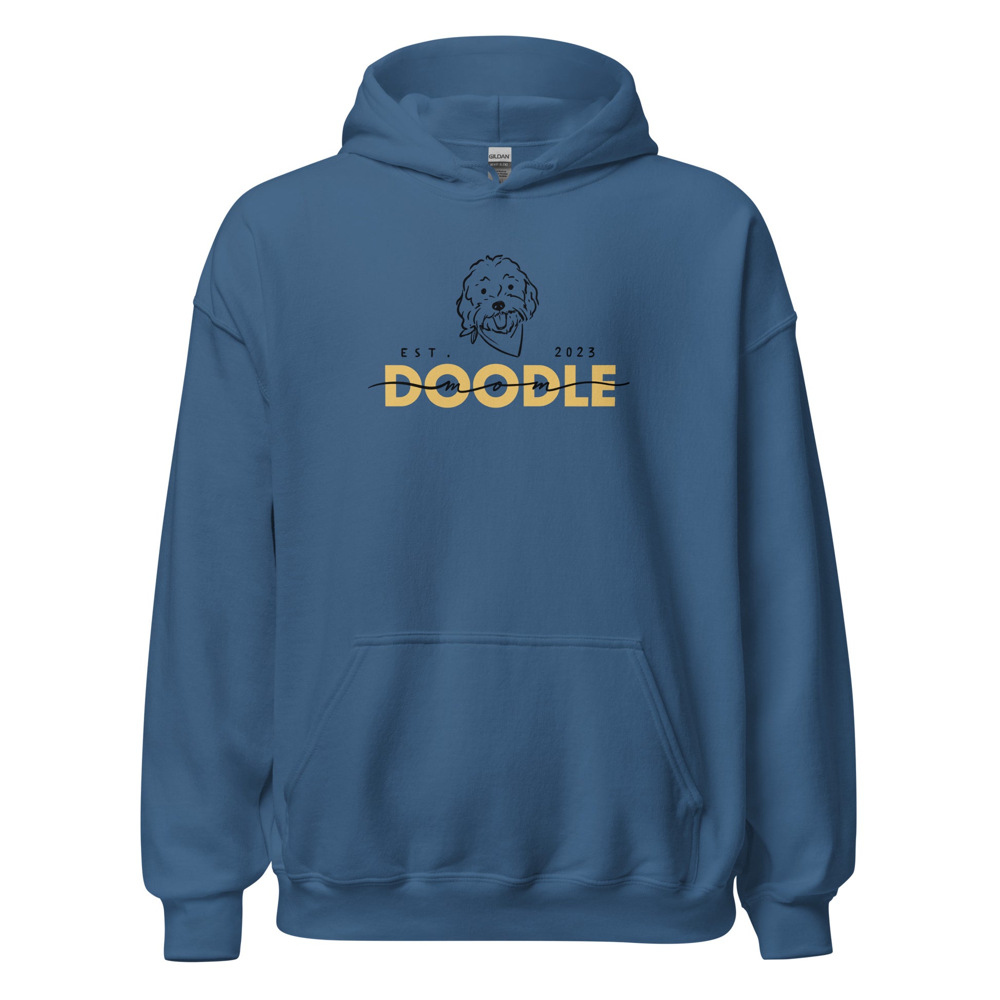 Goldendoodle Mom Hoodie with Goldendoodle face and words "Doodle Mom Est 2023" in indigo blue color