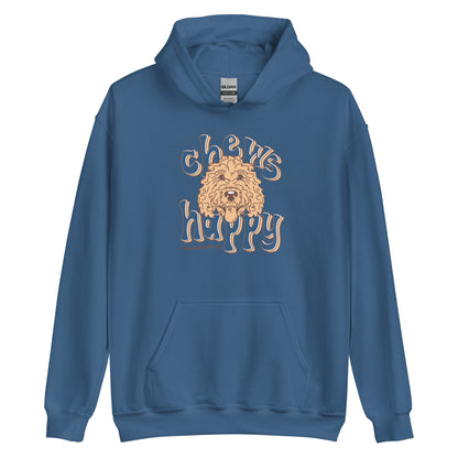 Goldendoodle hoodie with Goldendoodle face and words "Chews Happy" in indigo blue color