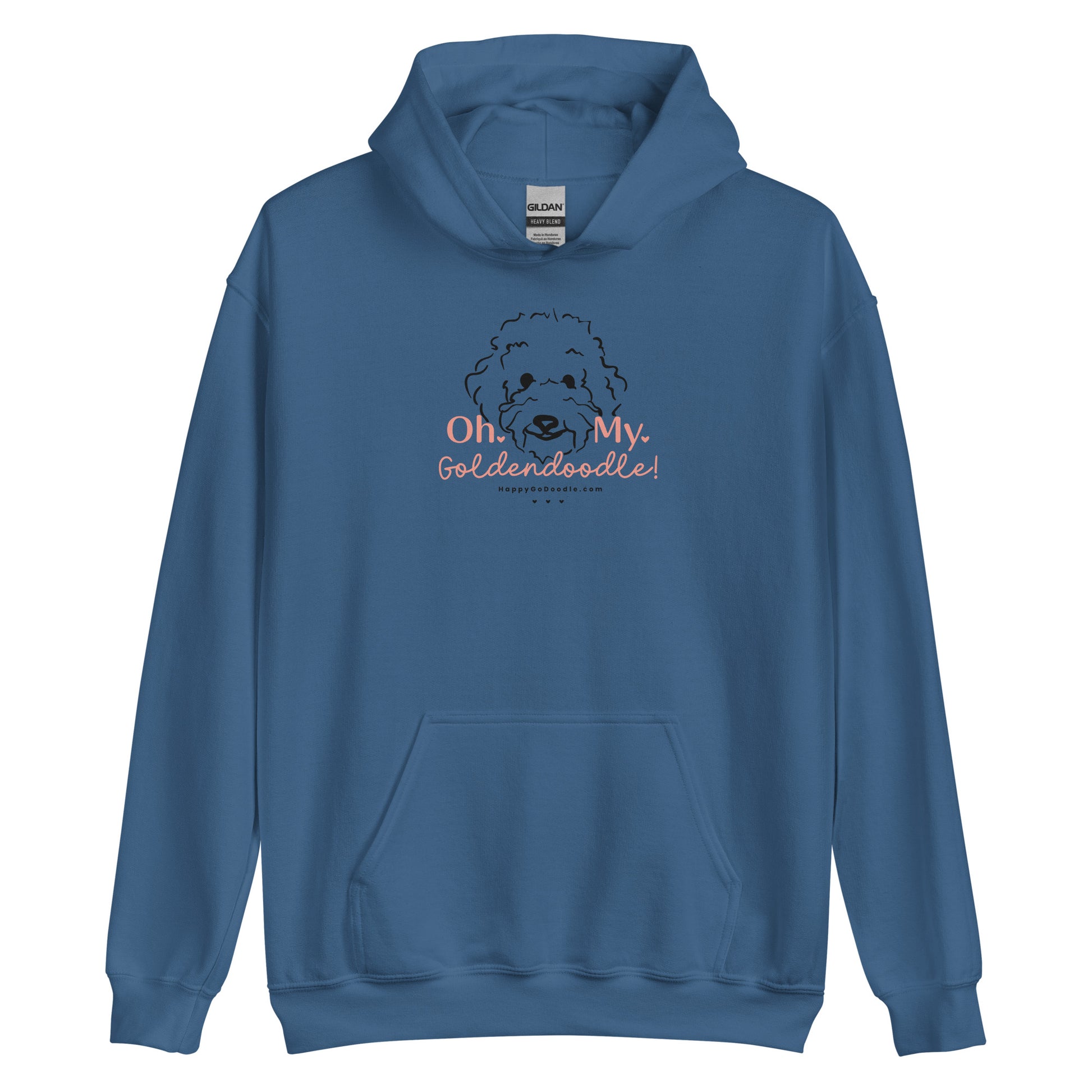 Goldendoodle hoodie with Goldendoodle dog face and words "Oh My Goldendoodle" in  indigo blue