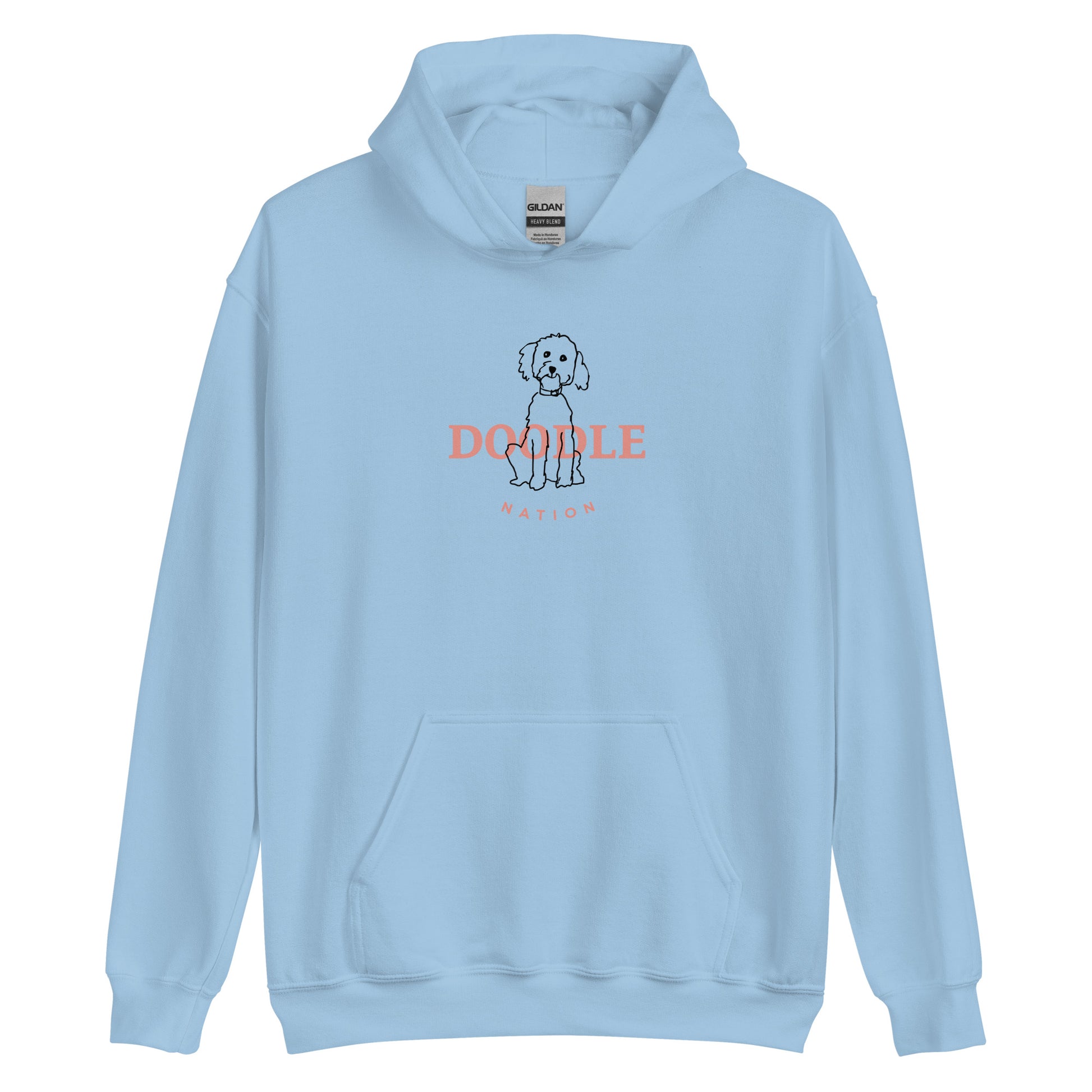 Goldendoodle hoodie with Goldendoodle and words "Doodle Nation" in light blue color