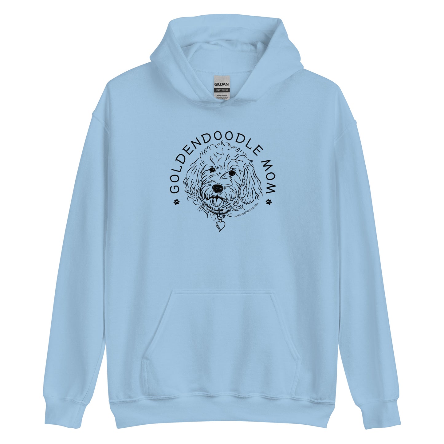 Goldendoodle hoodie with Goldendoodle face and words "Goldendoodle Mom" in light blue  color