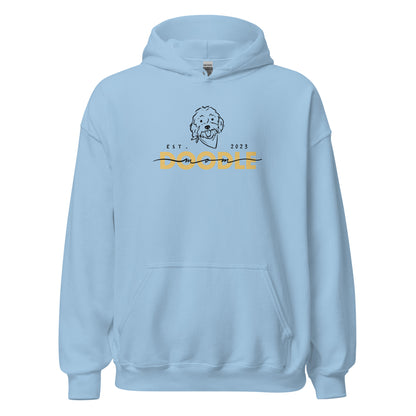 Goldendoodle Mom Hoodie with Goldendoodle face and words "Doodle Mom Est 2023" in light blue color