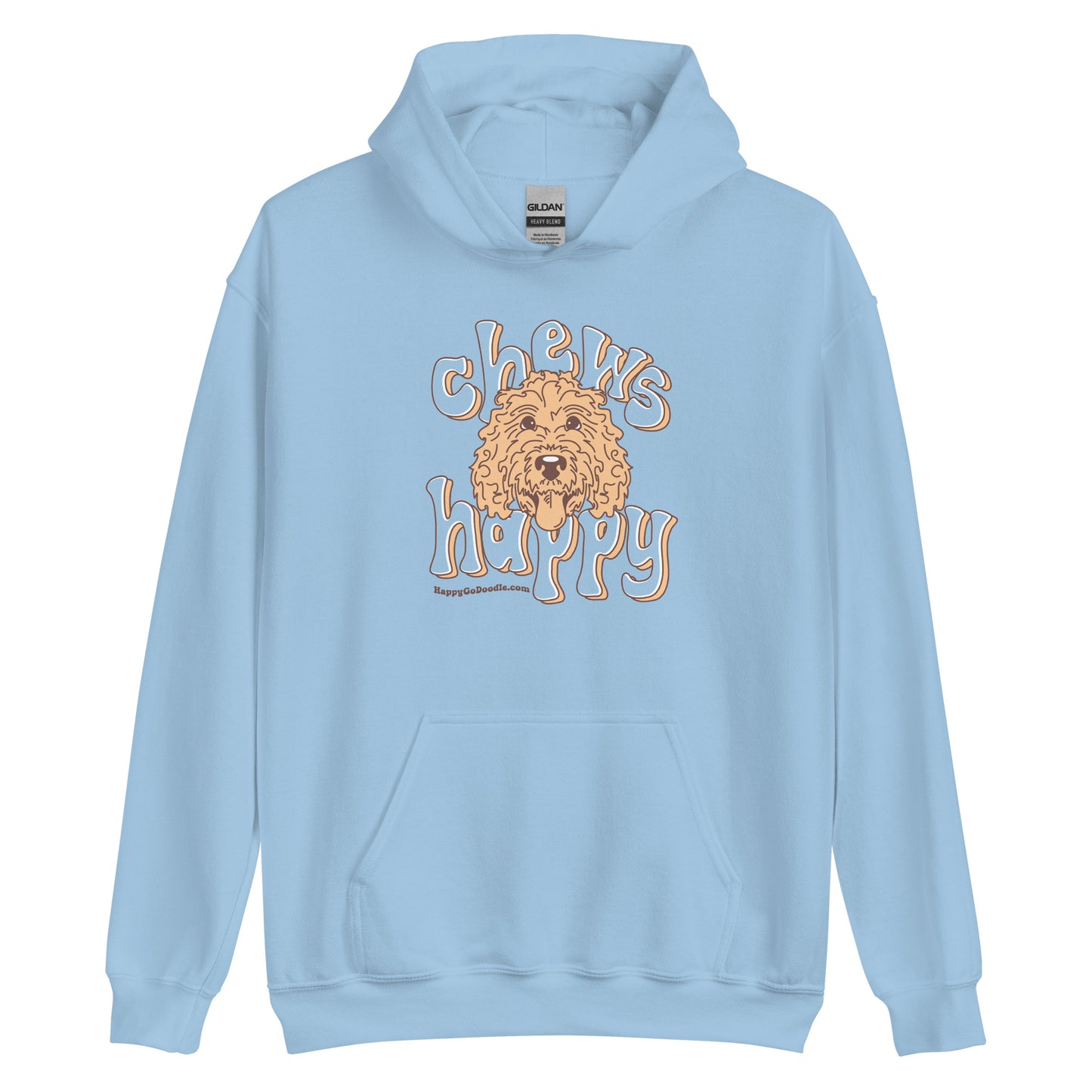 Goldendoodle hoodie with Goldendoodle face and words "Chews Happy" in light blue color