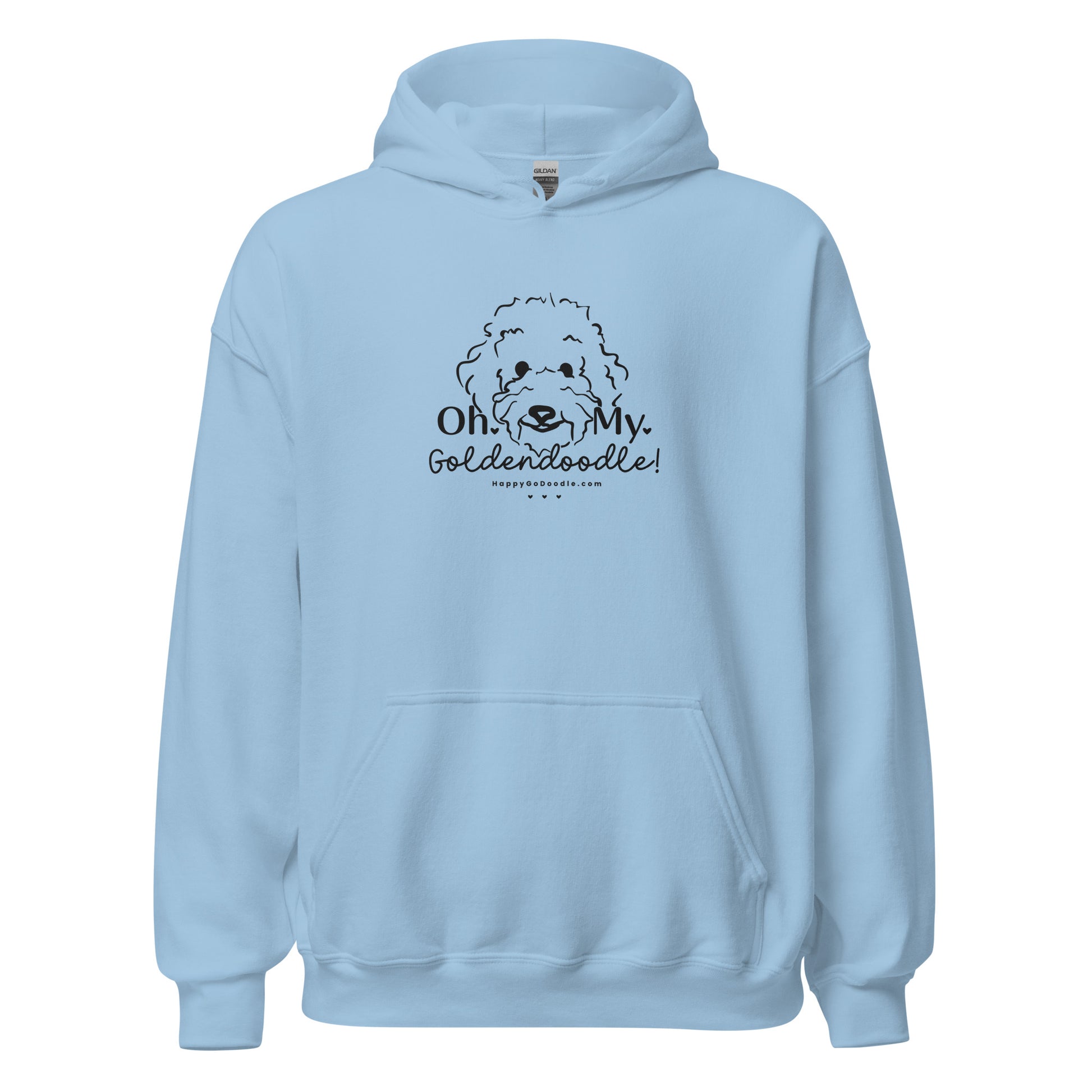 Goldendoodle hoodie with Goldendoodle face and words "Oh My Goldendoodle" in light blue  color