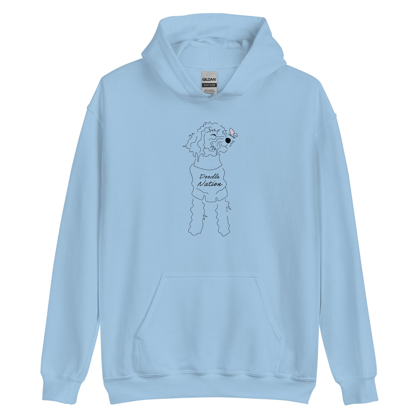 Goldendoodle hoodie with Goldendoodle dog face and words "Doodle Nation" in light blue color