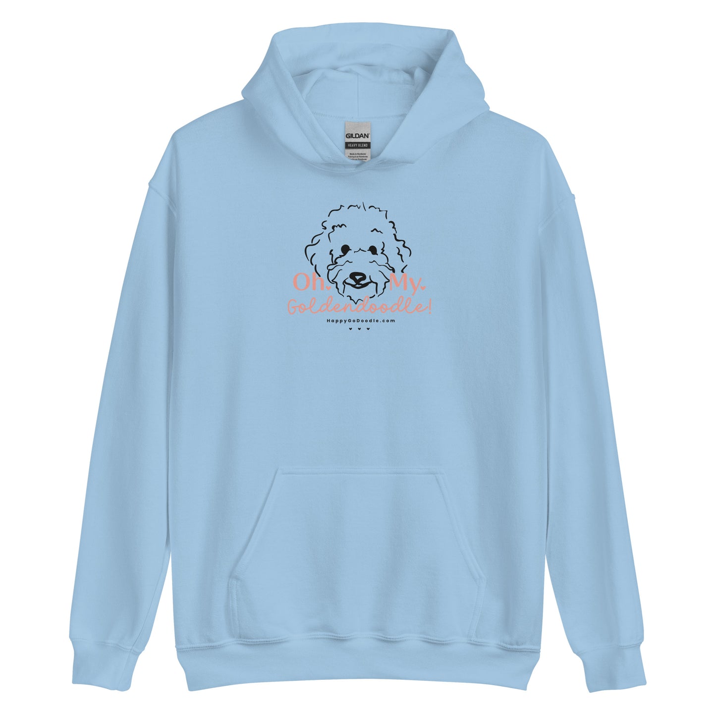 Goldendoodle hoodie with Goldendoodle dog face and words "Oh My Goldendoodle" in light blue
