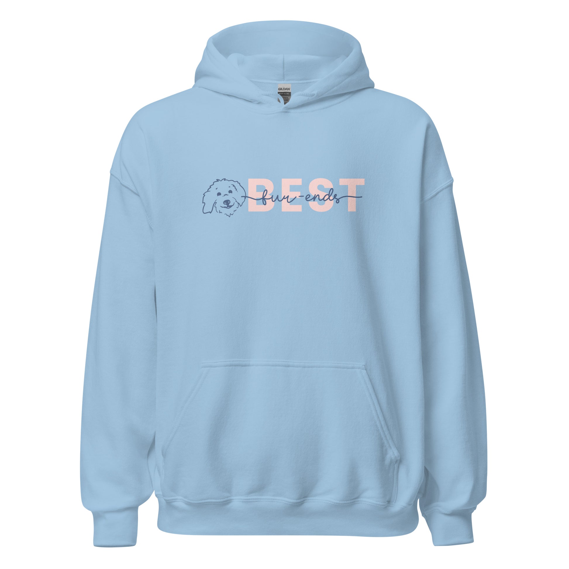 Goldendoodle hoodie sweatshirt with Goldendoodle face and words "Best fur-Ends" in light blue color