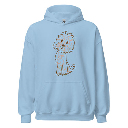 Hoodie with doodle dog drawn with fine lines light blue color