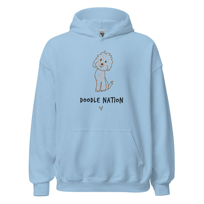 Light blue hoodie with hand drawn dog design and saying Doodle Nation