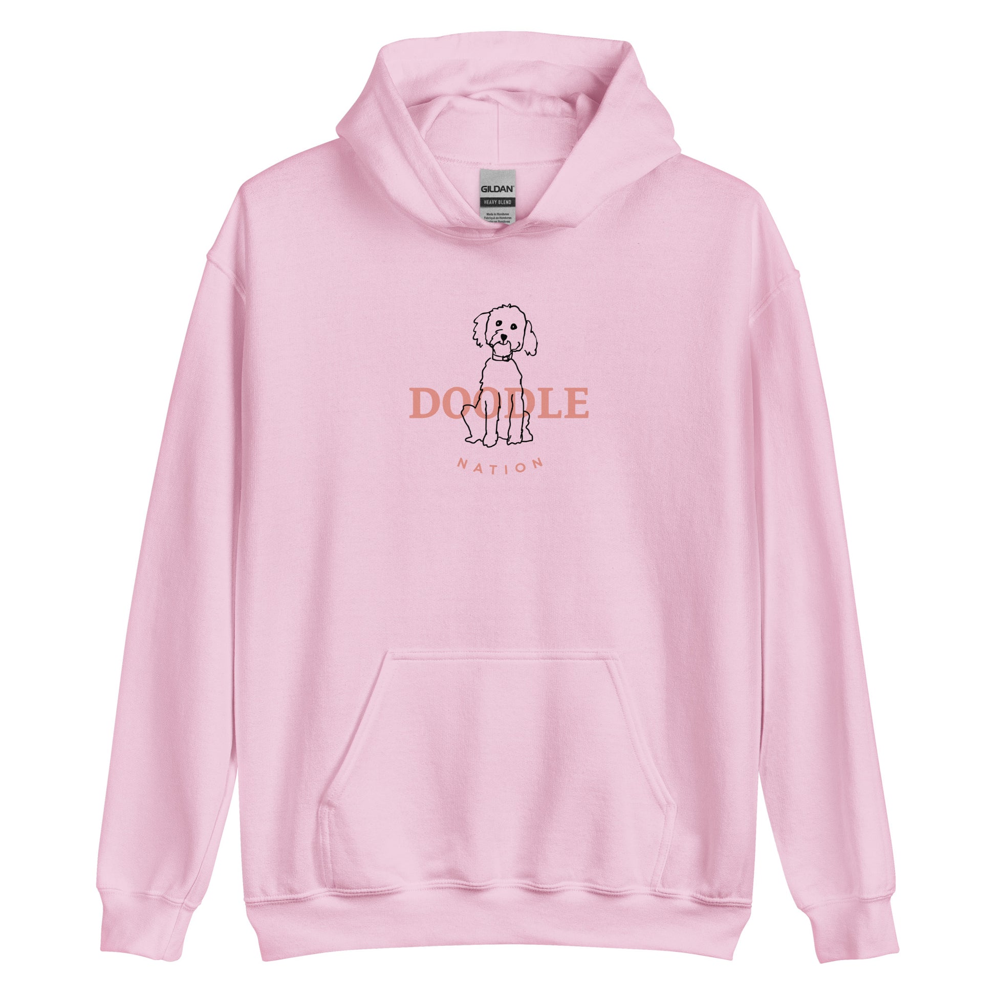 Goldendoodle hoodie with Goldendoodle and words "Doodle Nation" in light pink color