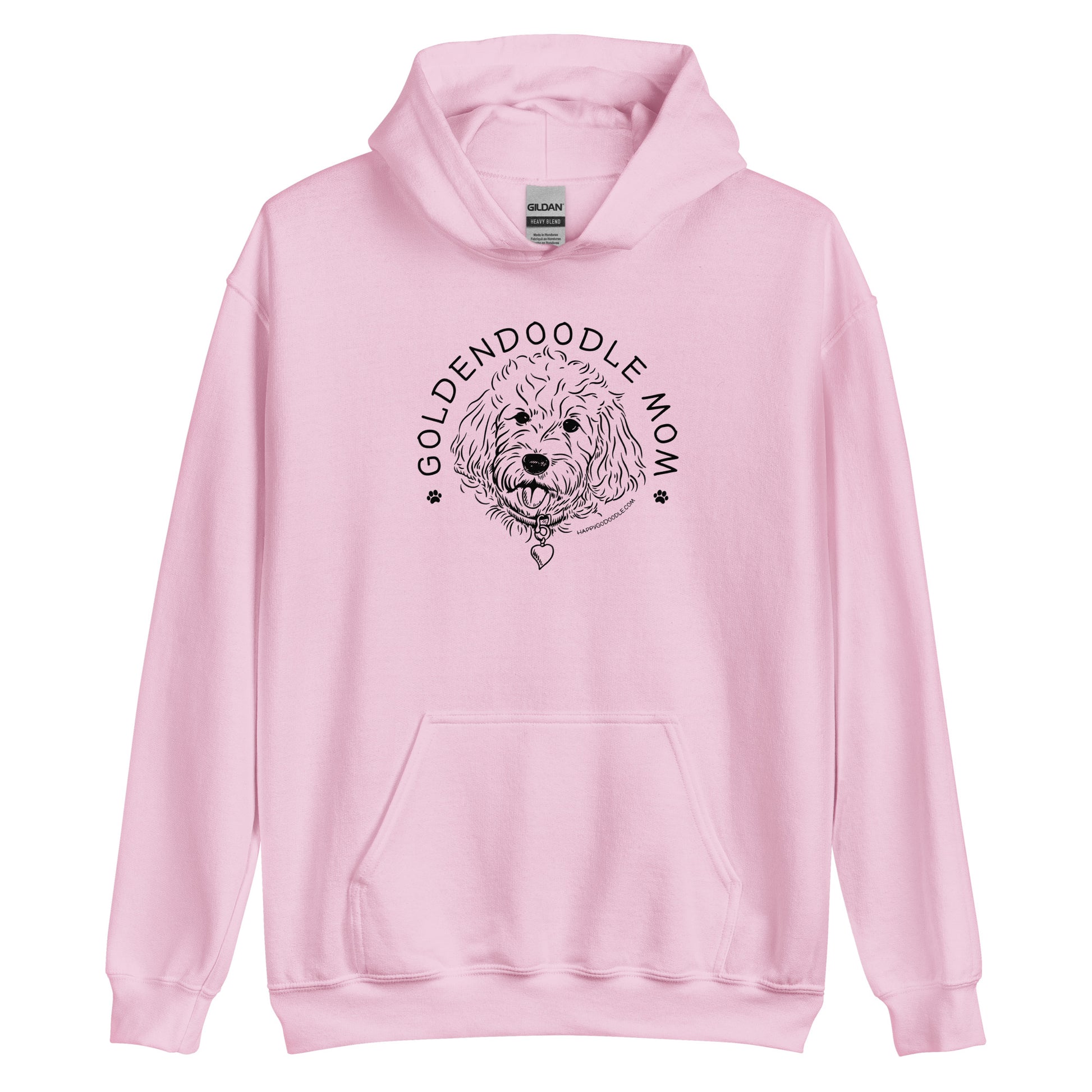 Goldendoodle hoodie with Goldendoodle face and words "Goldendoodle Mom" in light pink color