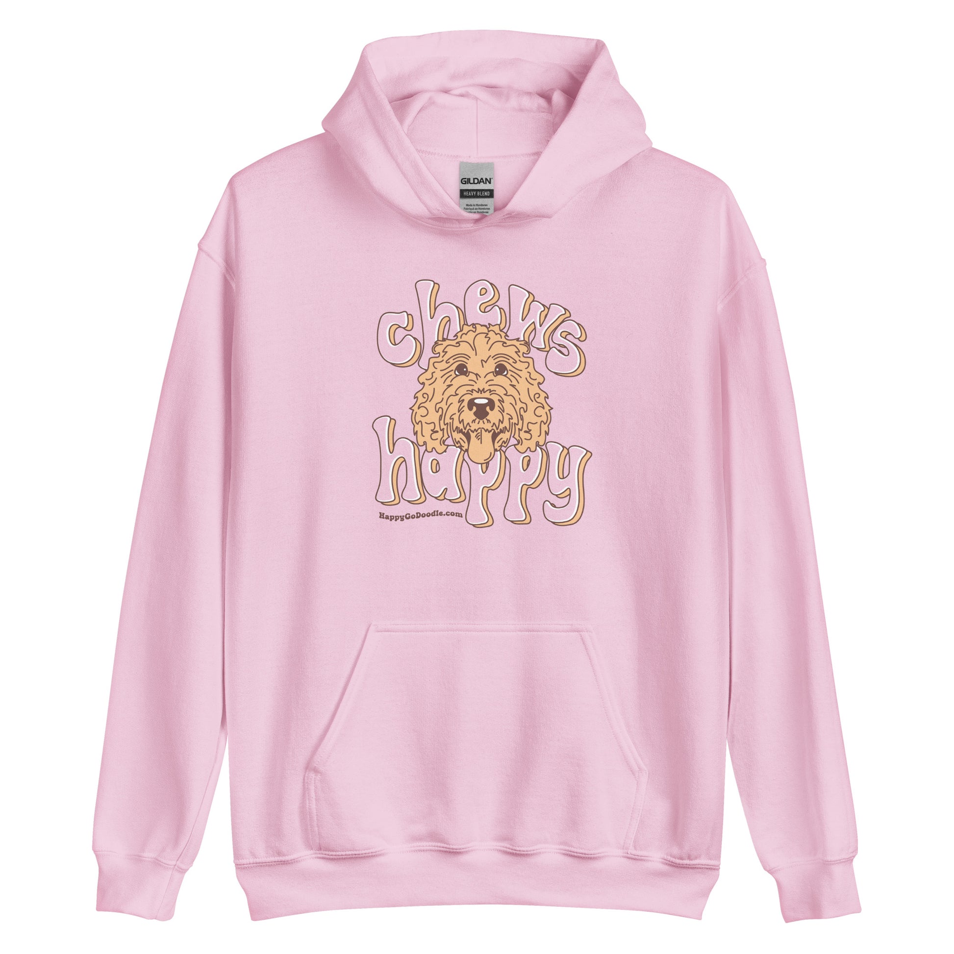Goldendoodle hoodie with Goldendoodle face and words "Chews Happy" in light pink color