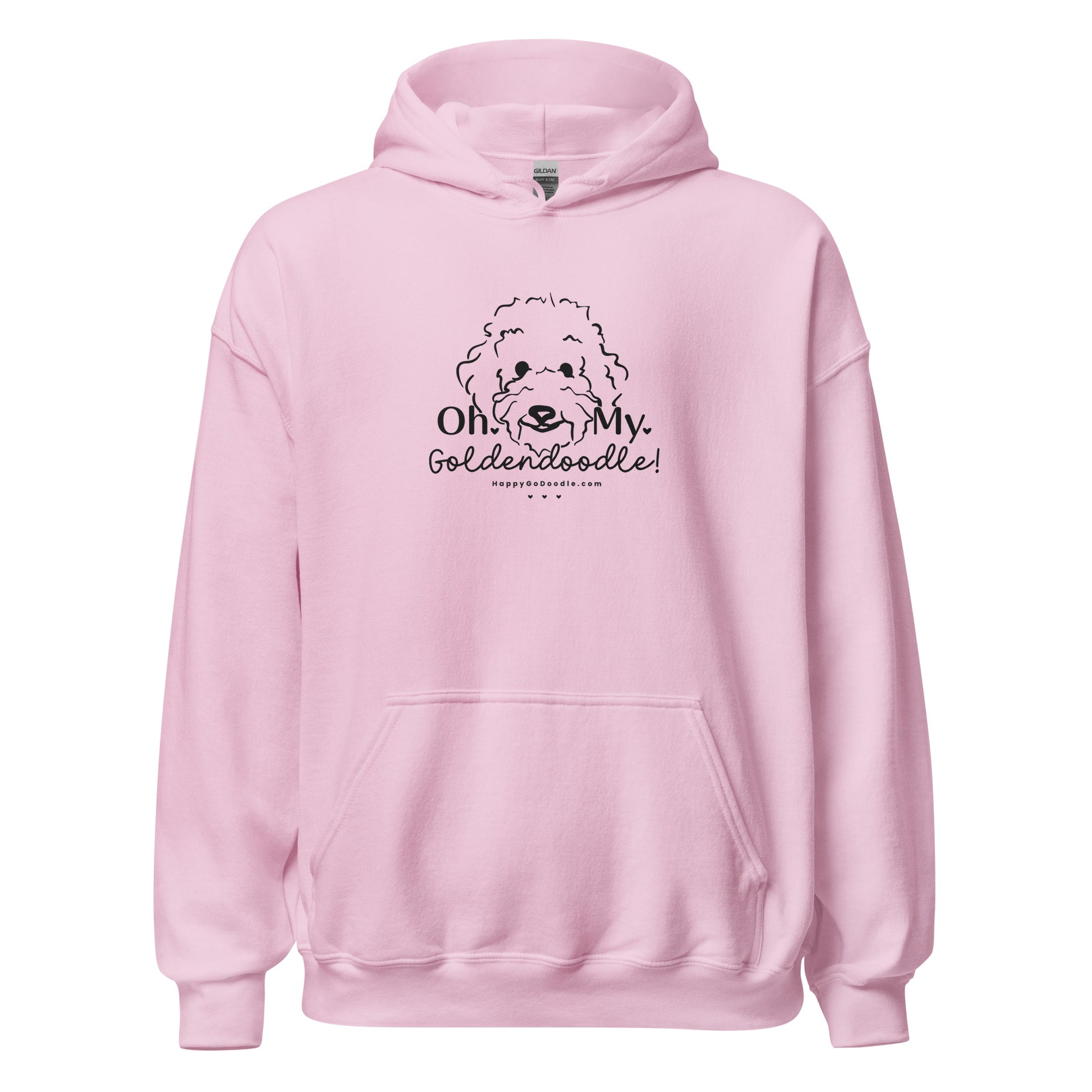 Goldendoodle hoodie with Goldendoodle face and words "Oh My Goldendoodle" in light pink color