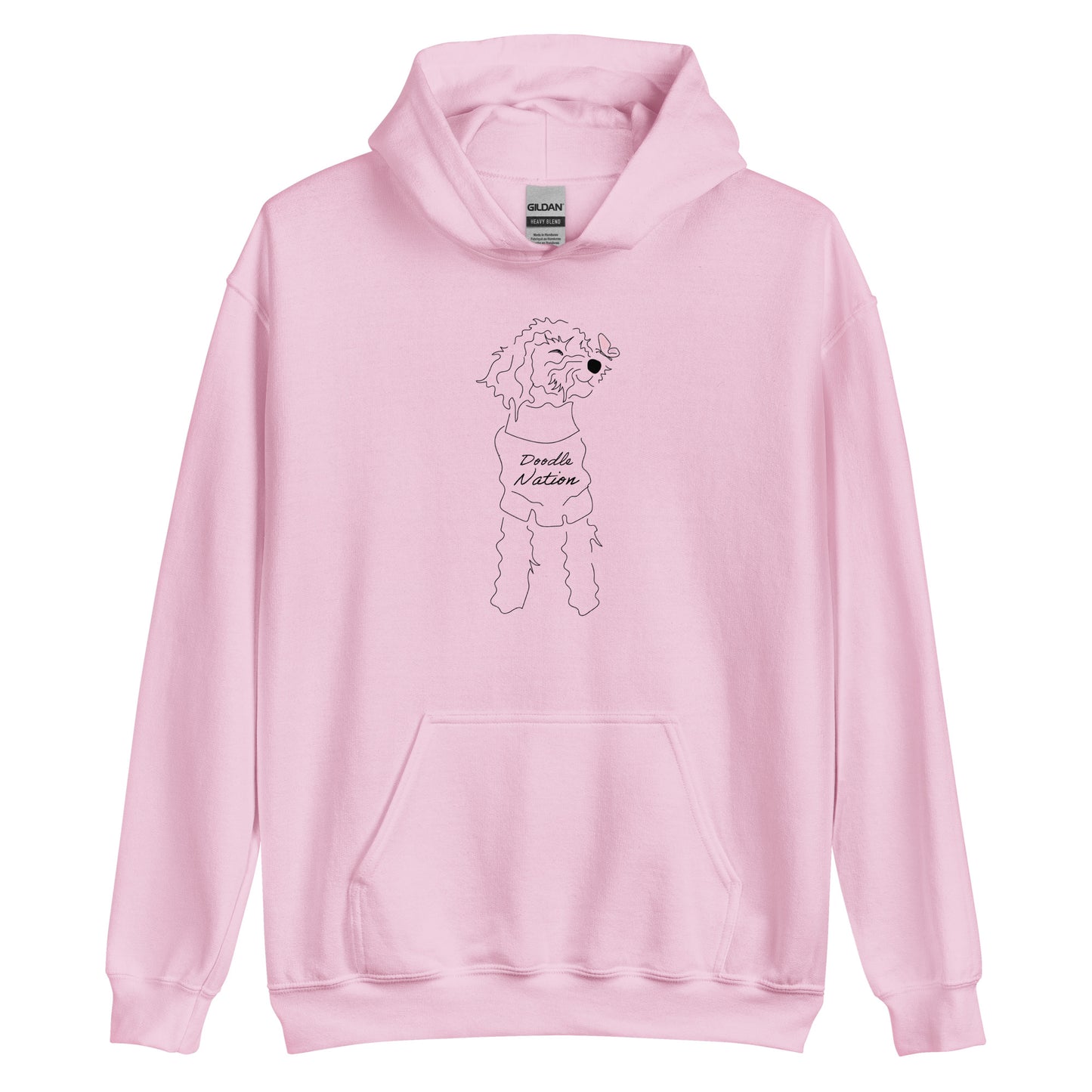 Goldendoodle hoodie with Goldendoodle dog face and words "Doodle Nation" in light pink color