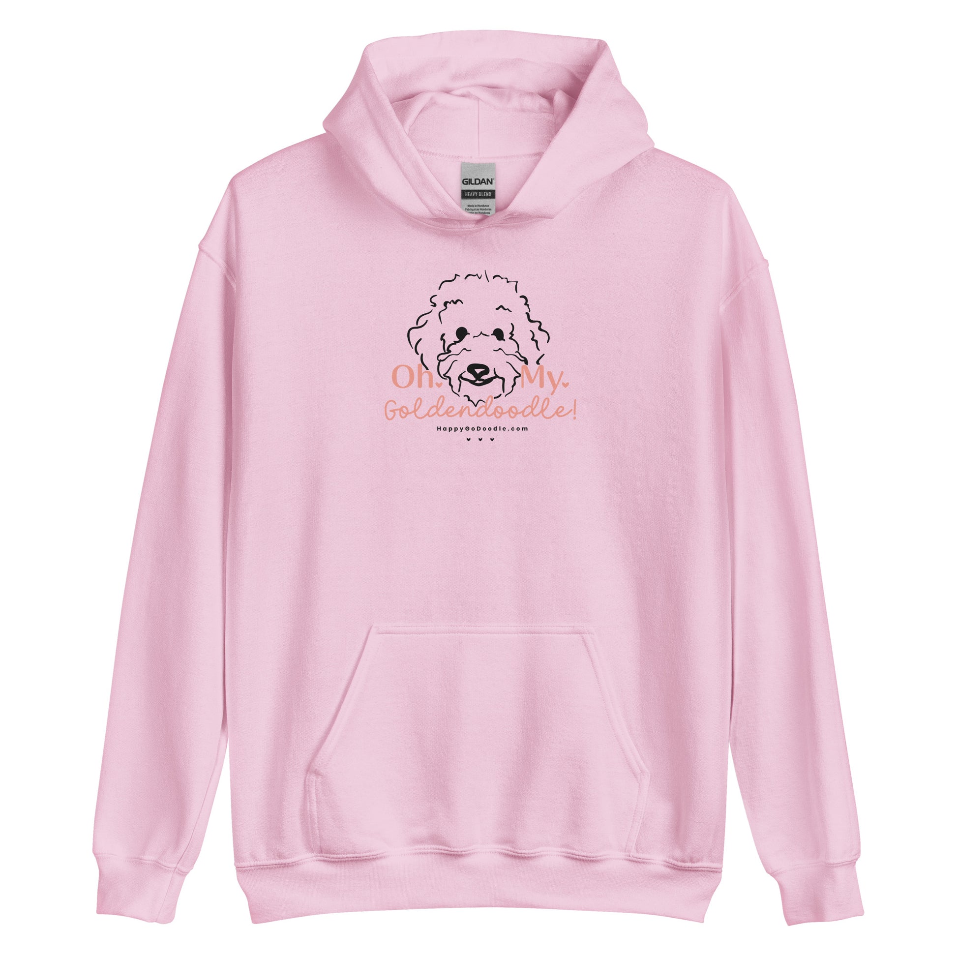 Goldendoodle hoodie with Goldendoodle dog face and words "Oh My Goldendoodle" in light pink