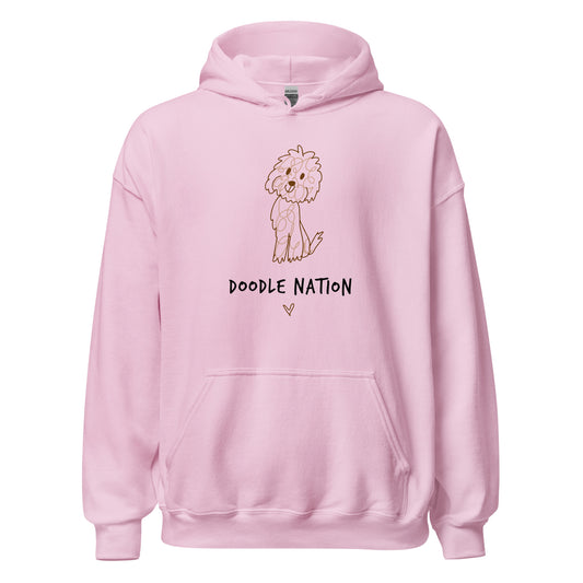 Light pink  hoodie with hand drawn dog design and saying Doodle Nation