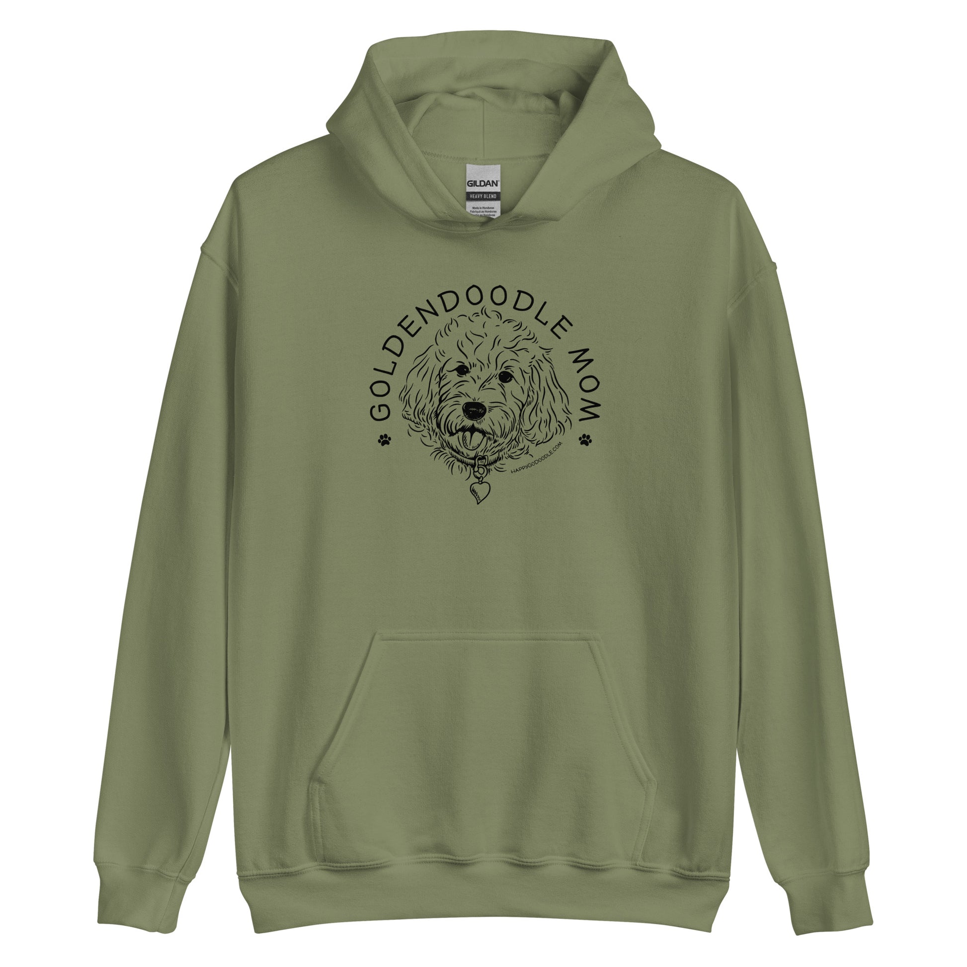 Goldendoodle hoodie with Goldendoodle face and words "Goldendoodle Mom" in military green color