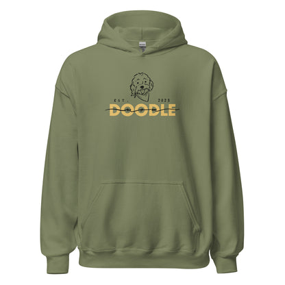 Goldendoodle Mom Hoodie with Goldendoodle face and words "Doodle Mom Est 2023" in military green color