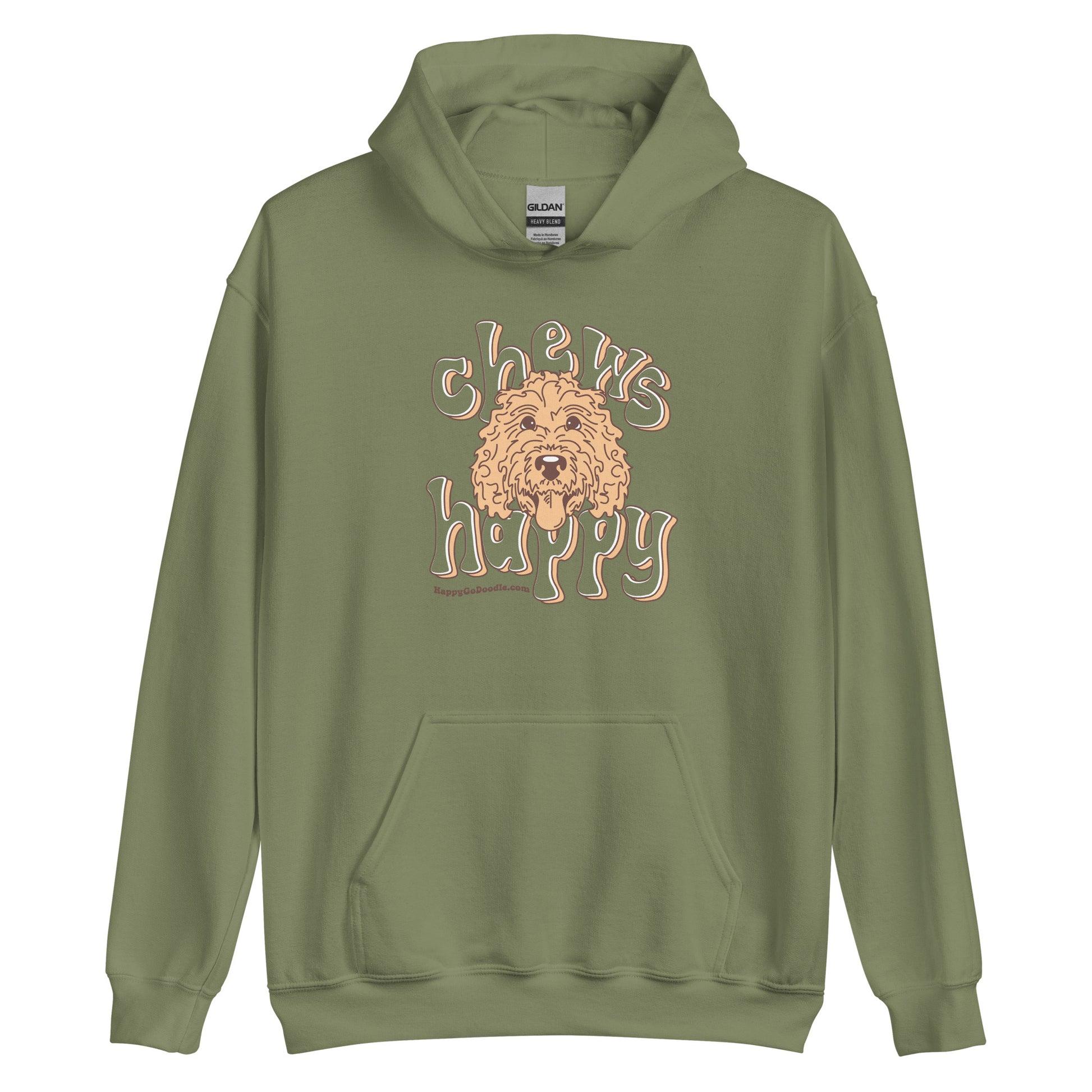 Goldendoodle hoodie with Goldendoodle face and words "Chews Happy" in military green color