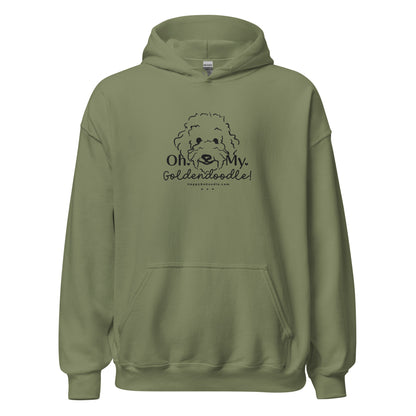 Goldendoodle hoodie with Goldendoodle face and words "Oh My Goldendoodle" in military green  color